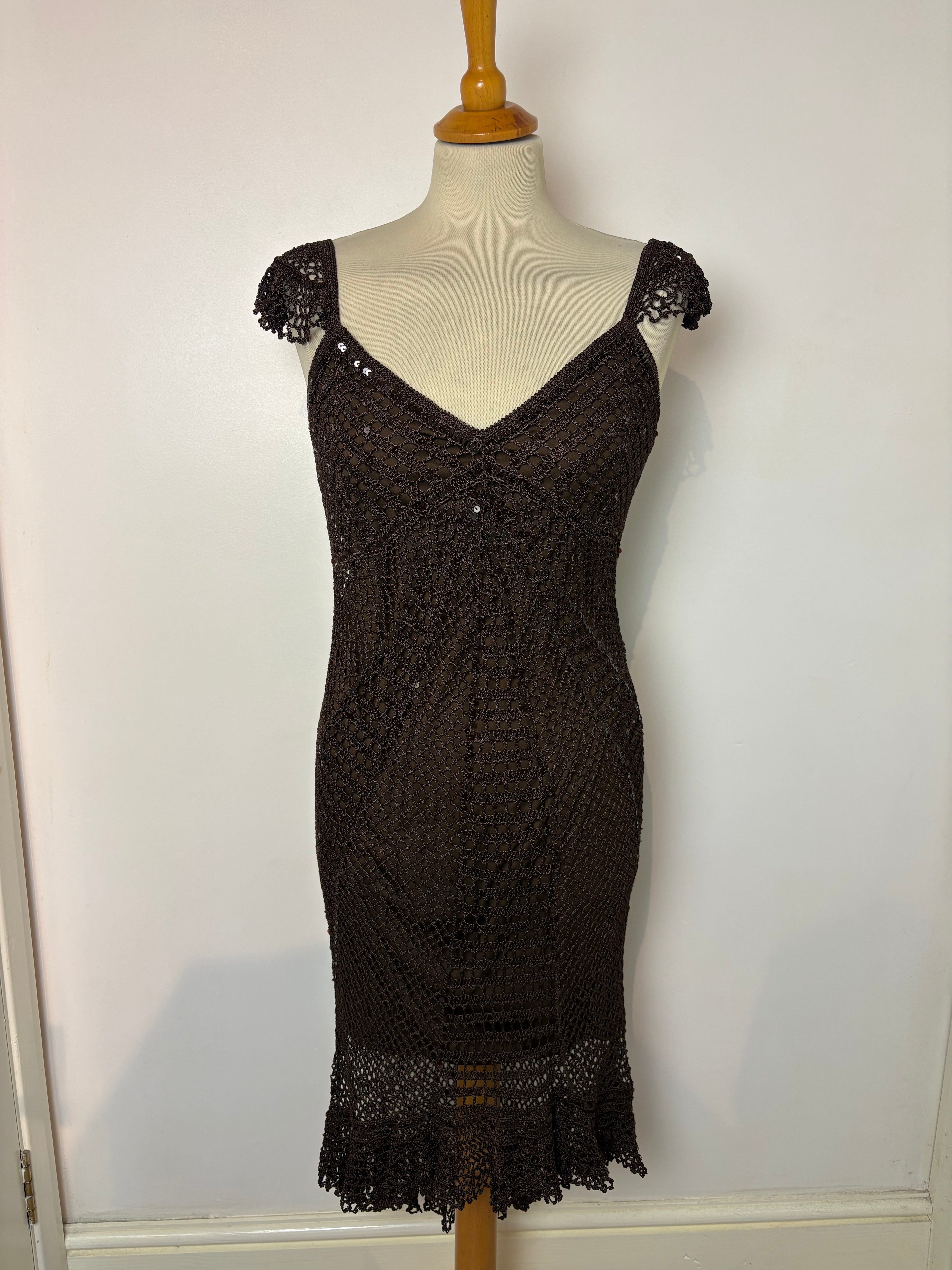 Handmade brown crochet sequined lined long dress