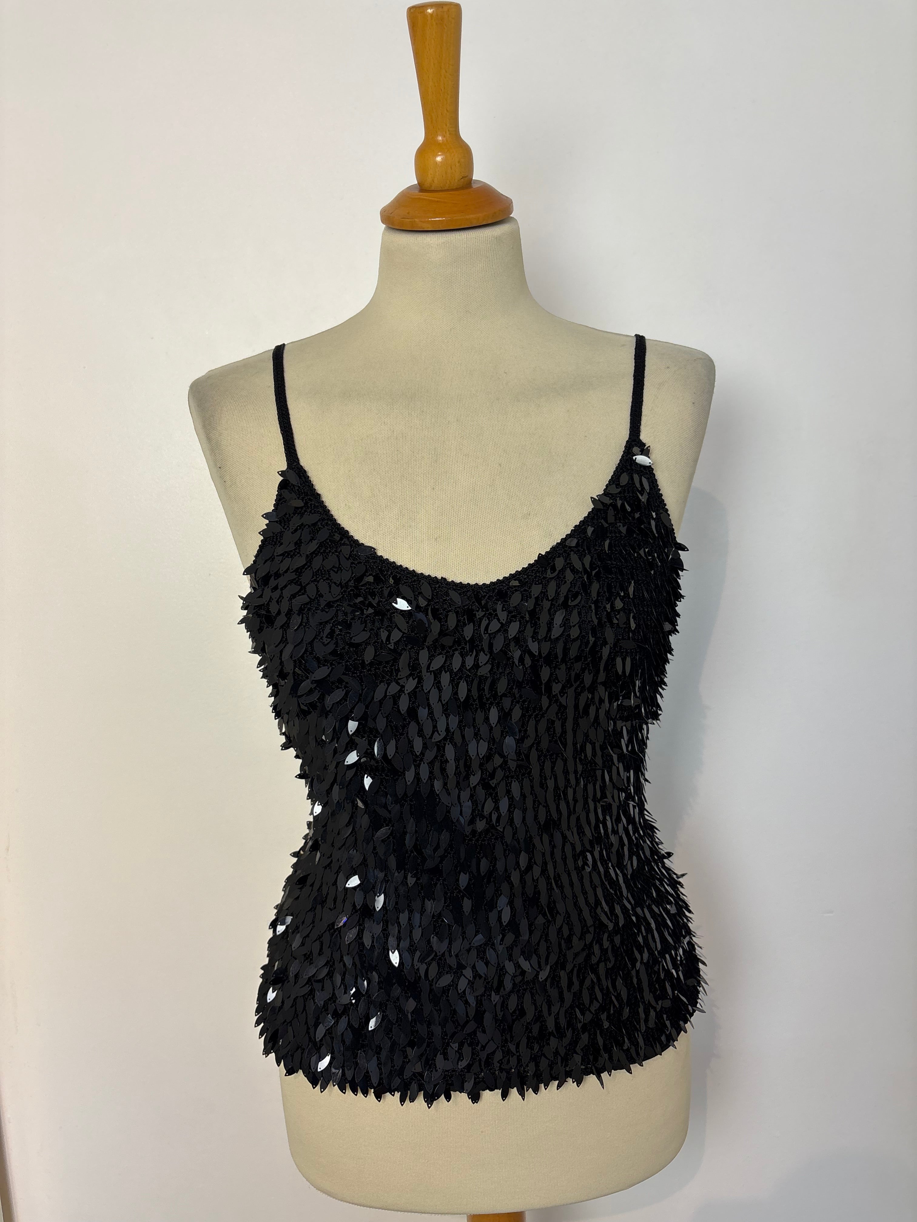 Handmade black crochet sequined strappy top