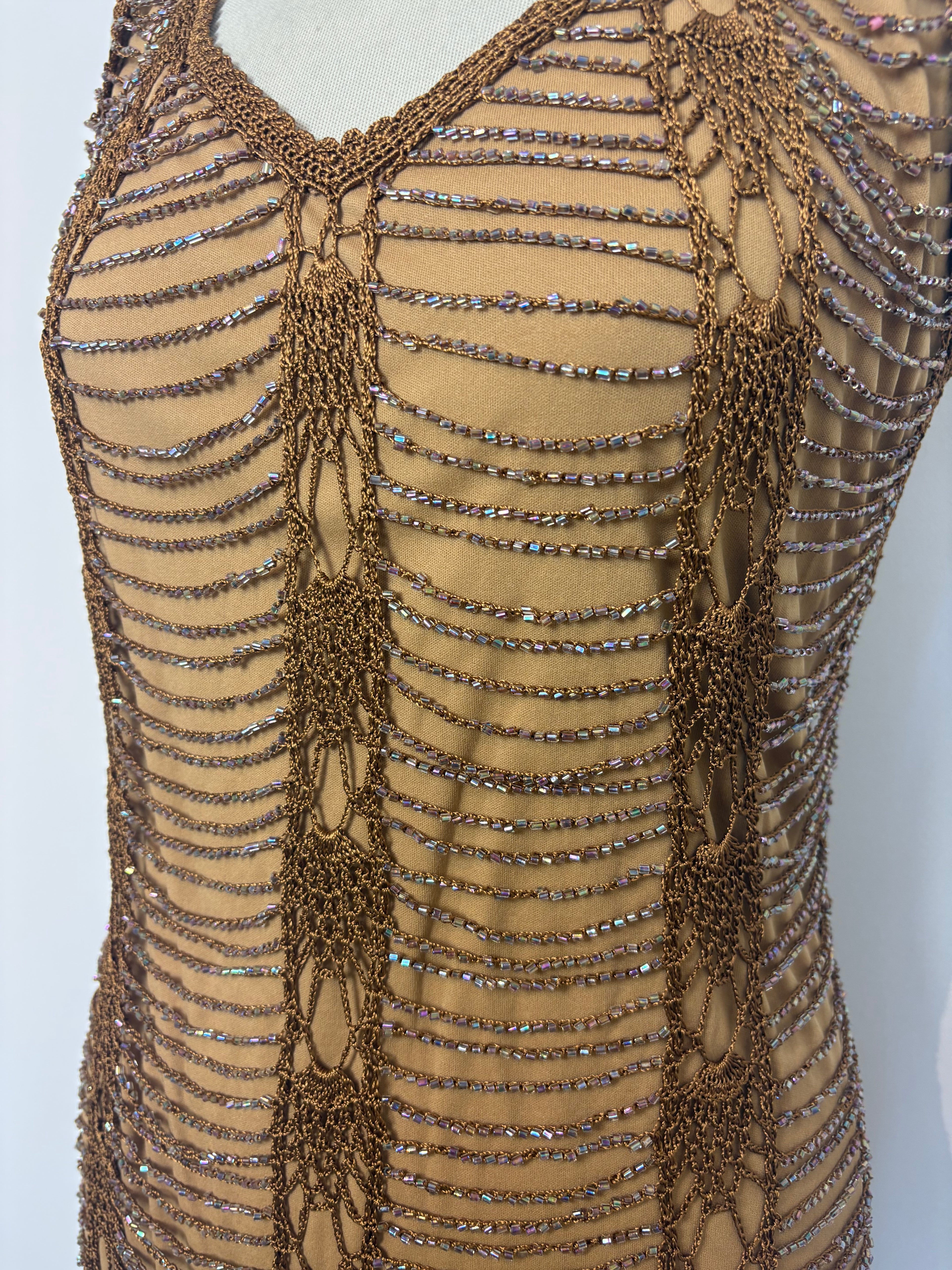 Handmade brown crochet iridescent beaded lined dress￼