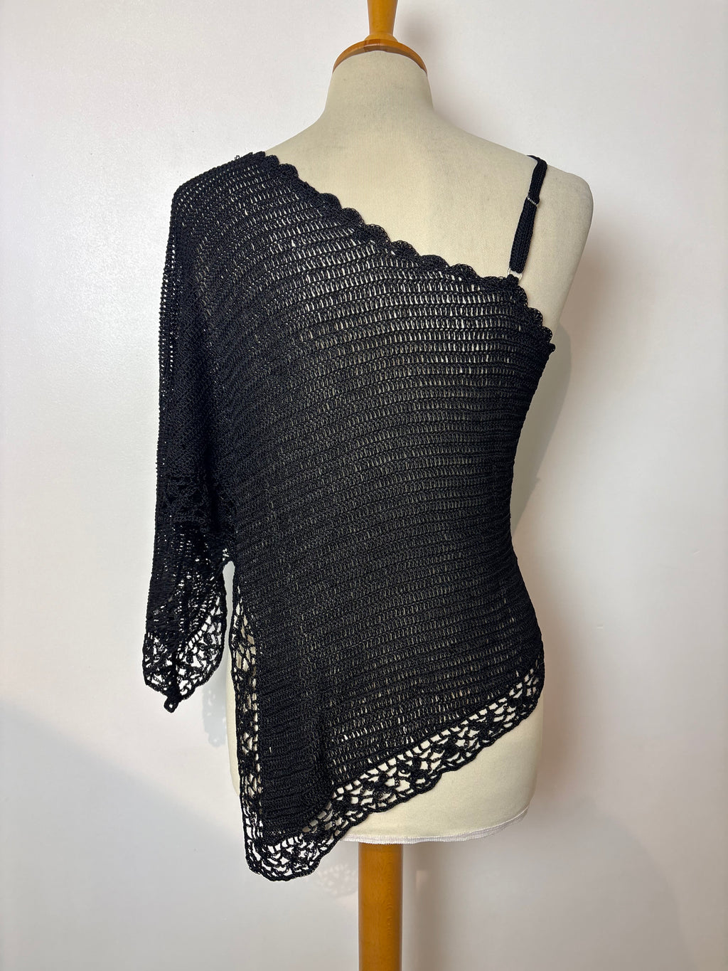 Handmade black crochet beaded one-shoulder top