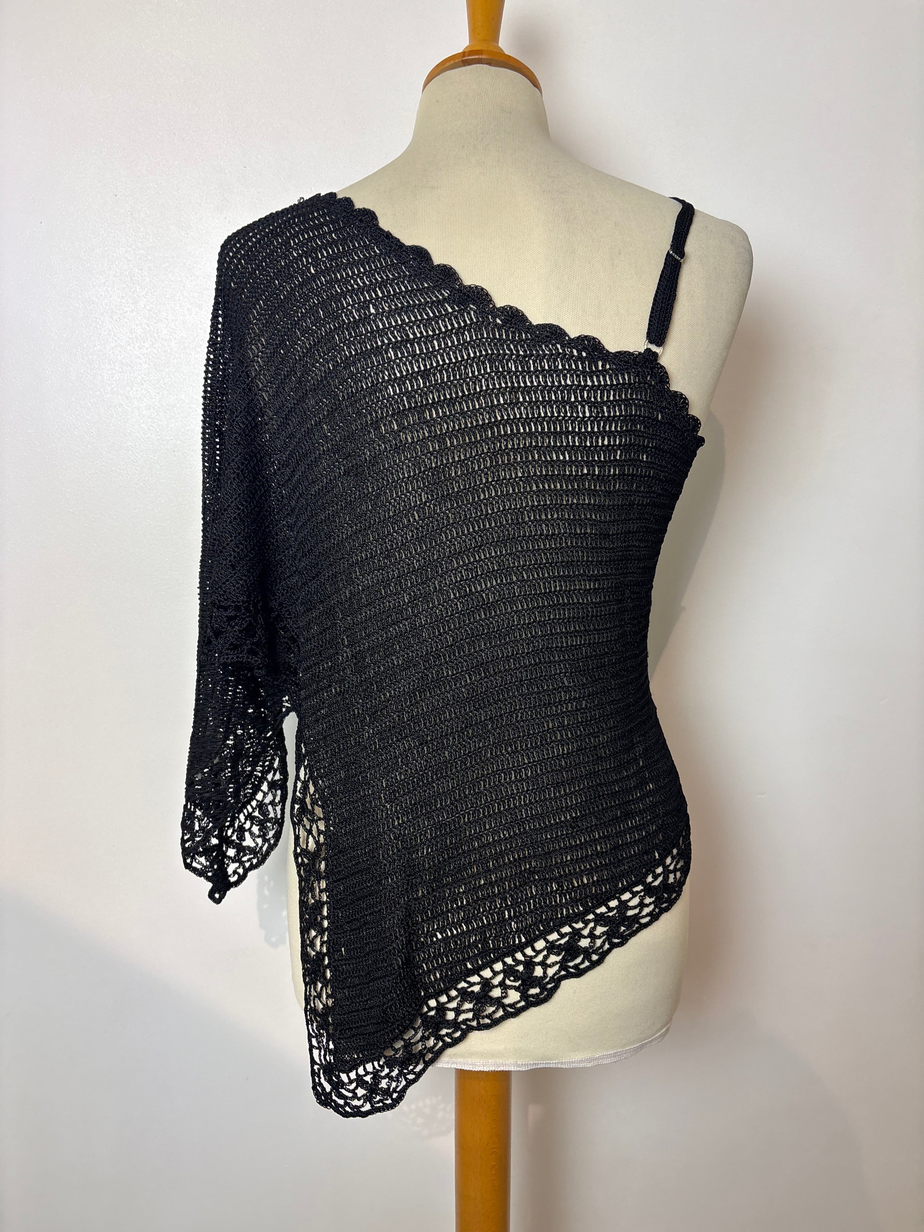 Handmade black crochet beaded one-shoulder top