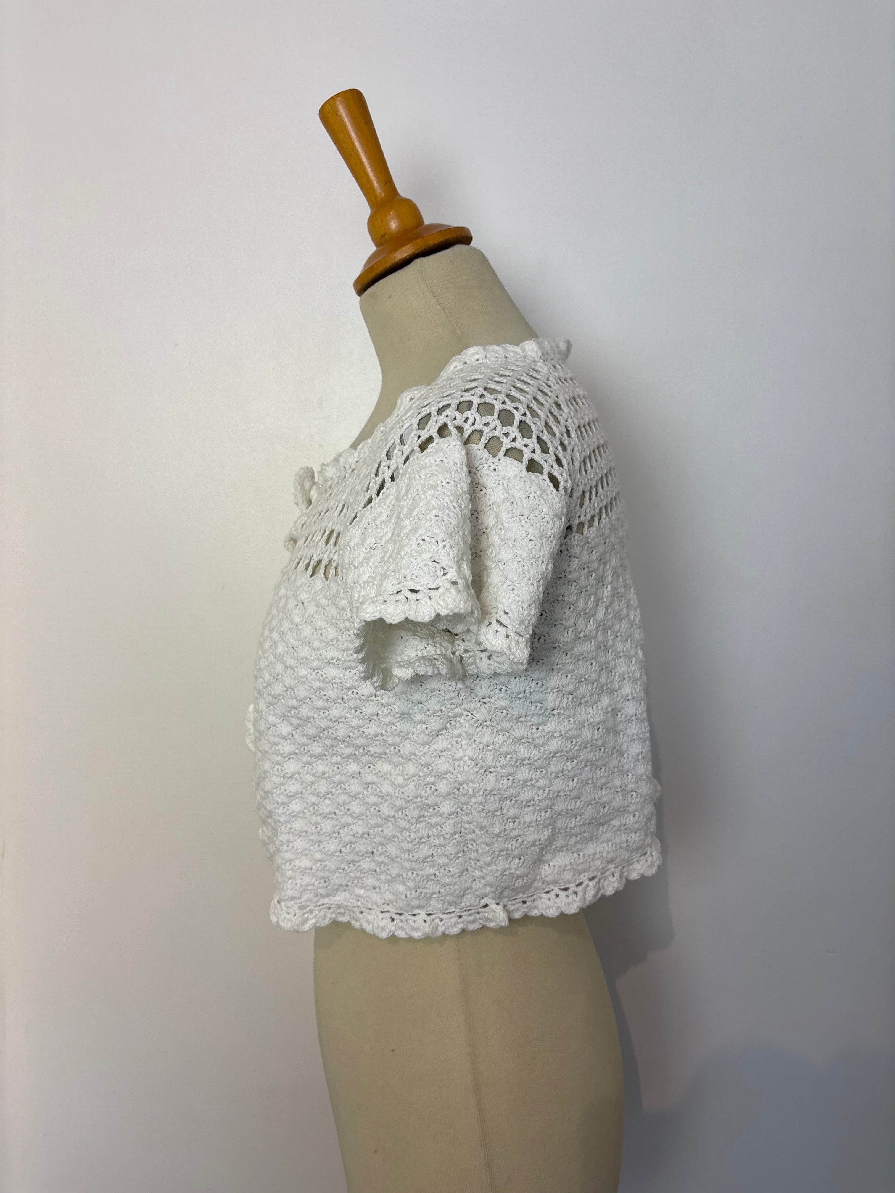Handmade sparky white crochet flower-pattern bolero