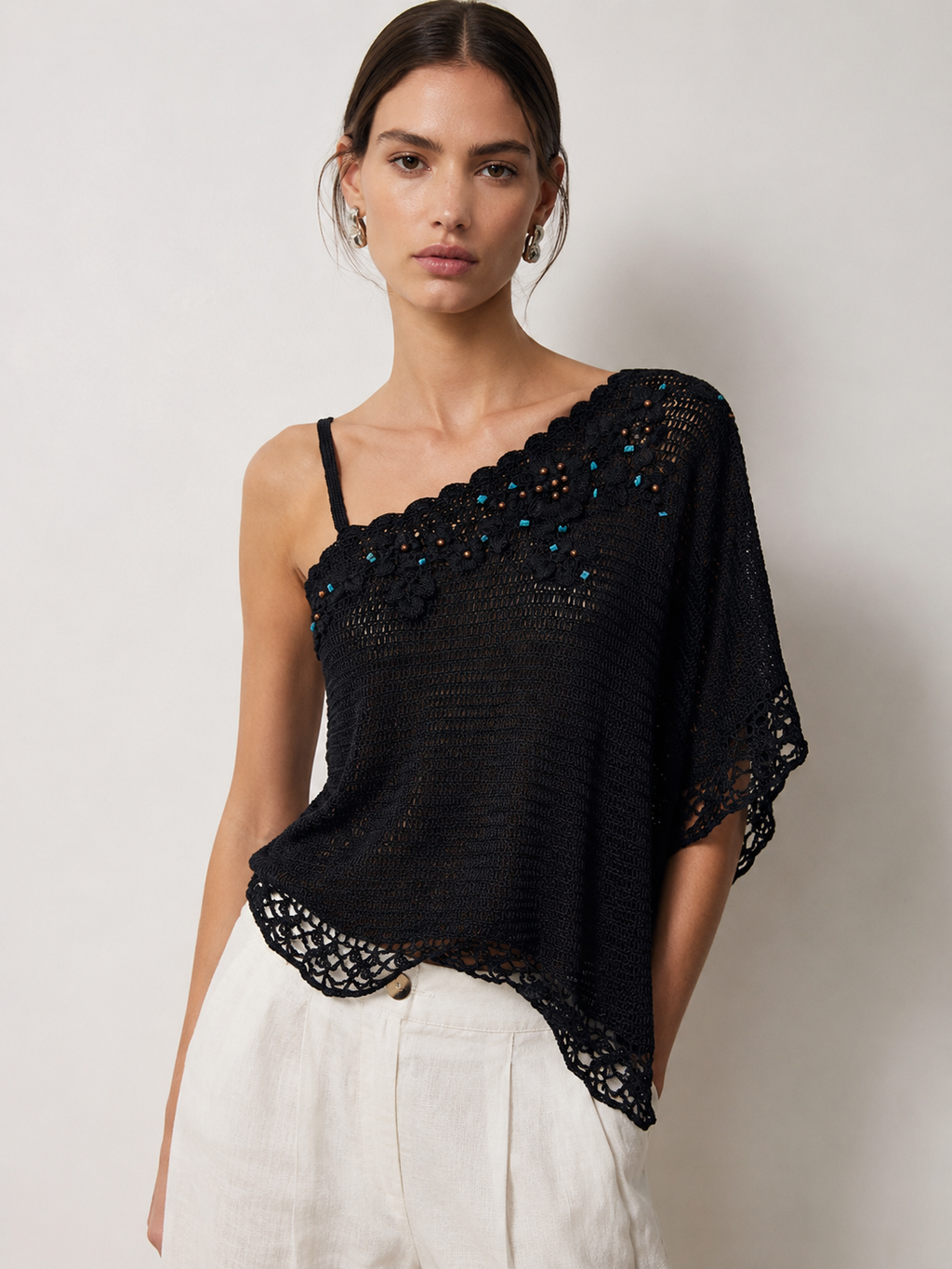Handmade black crochet beaded one-shoulder top