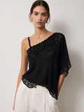 Handmade black crochet beaded one-shoulder top