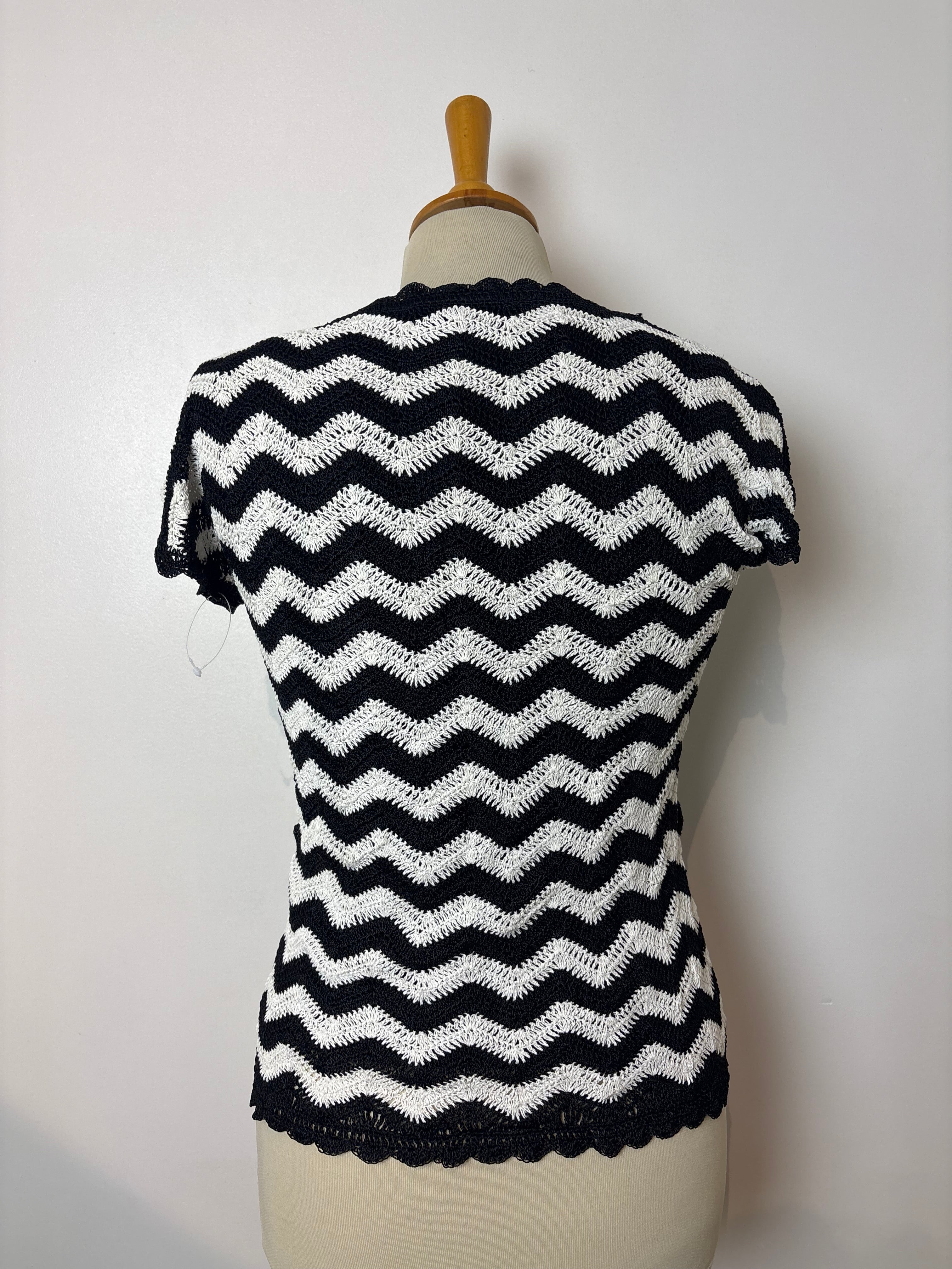 Handmade black and white chevron-pattern crochet lined top
