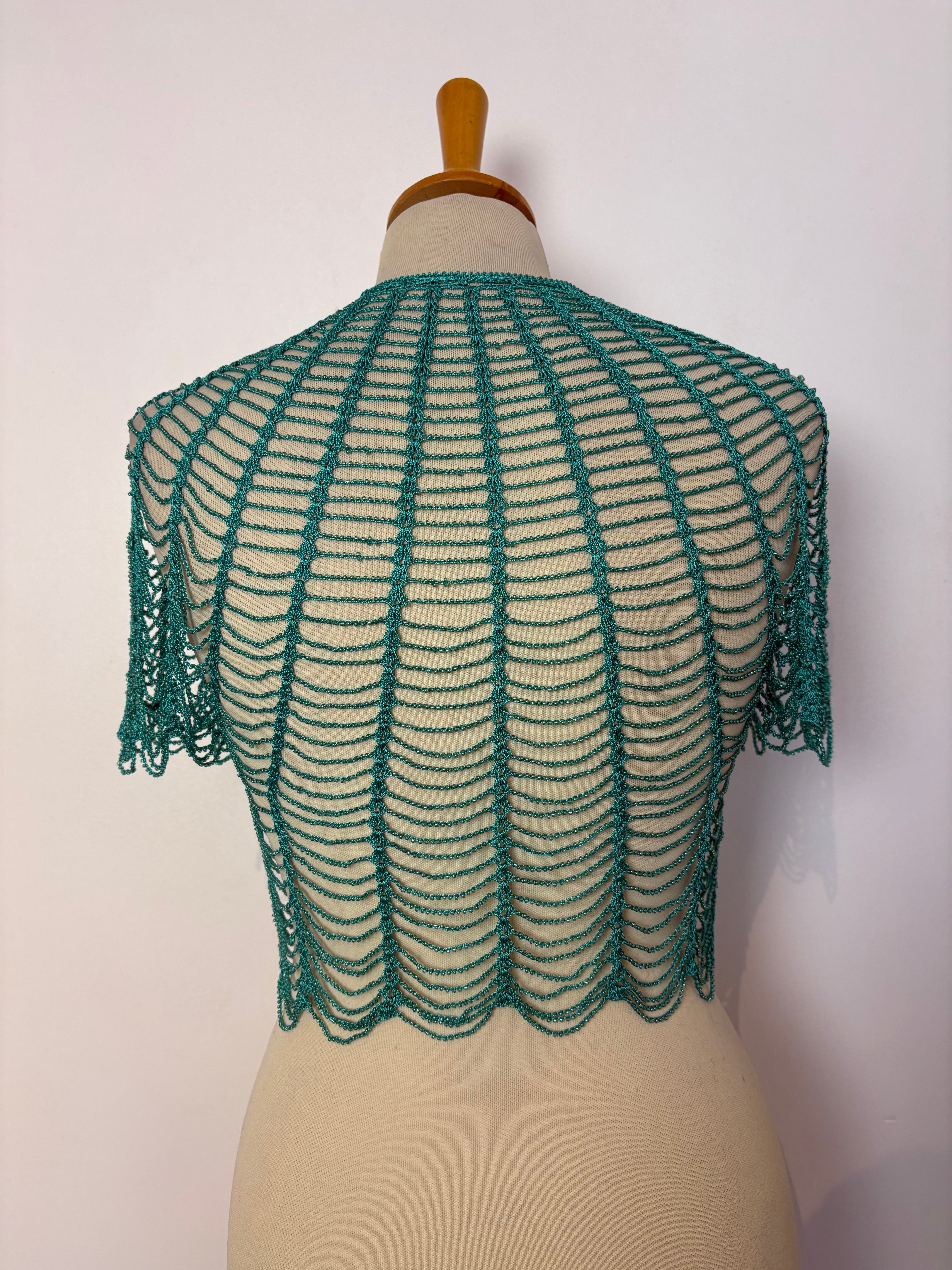 Handmade turquoise crochet beaded tie-up bolero