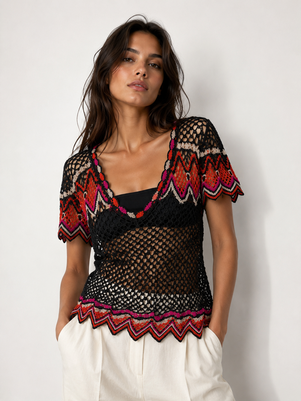 Handmade black crochet pink, orange, white patterned top