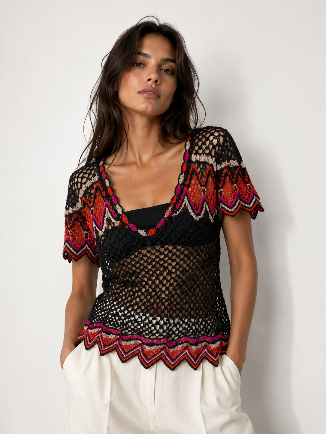 Handmade black crochet pink, orange, white patterned top