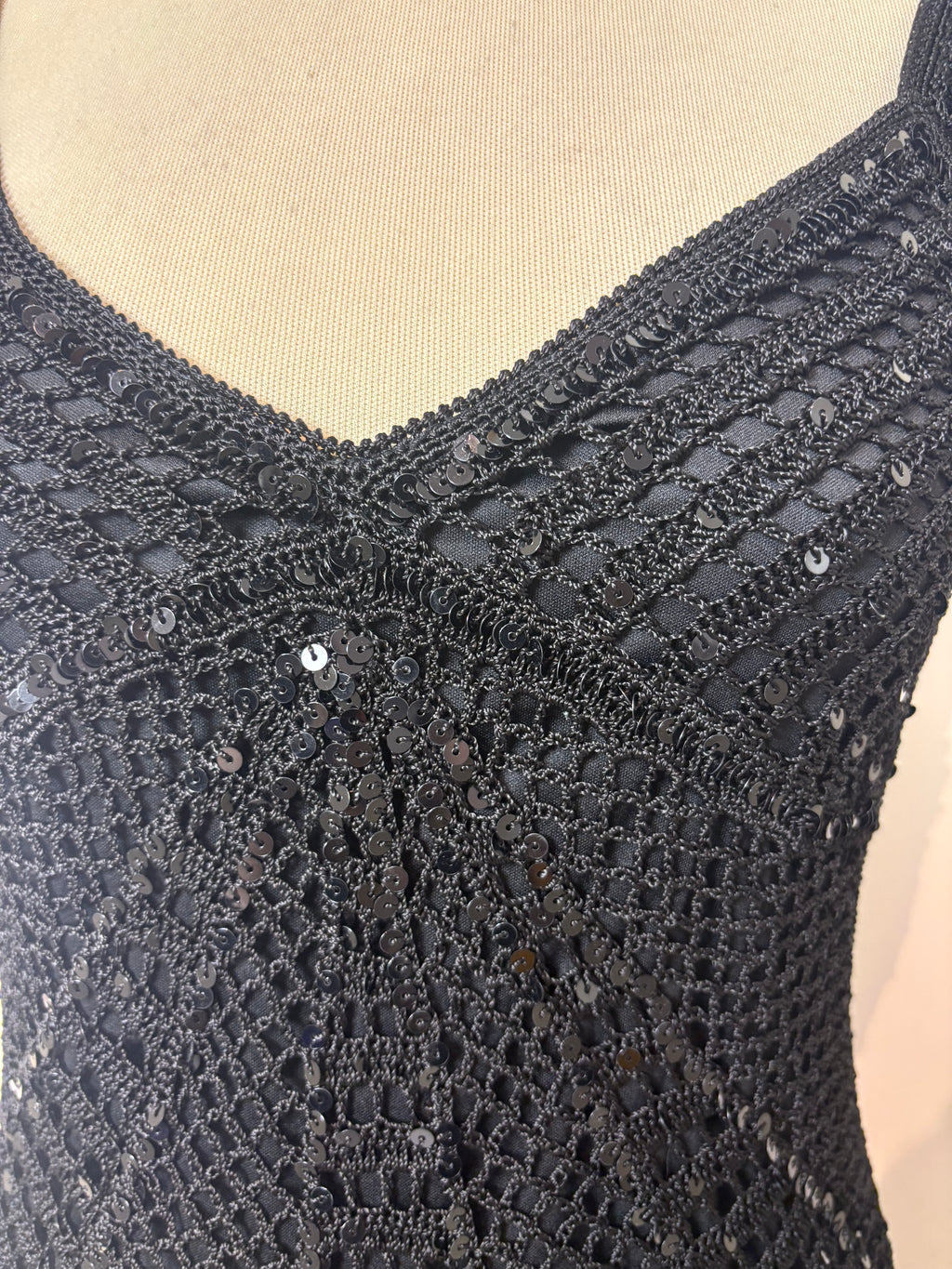 Handmade black crochet sequined lined long dress
