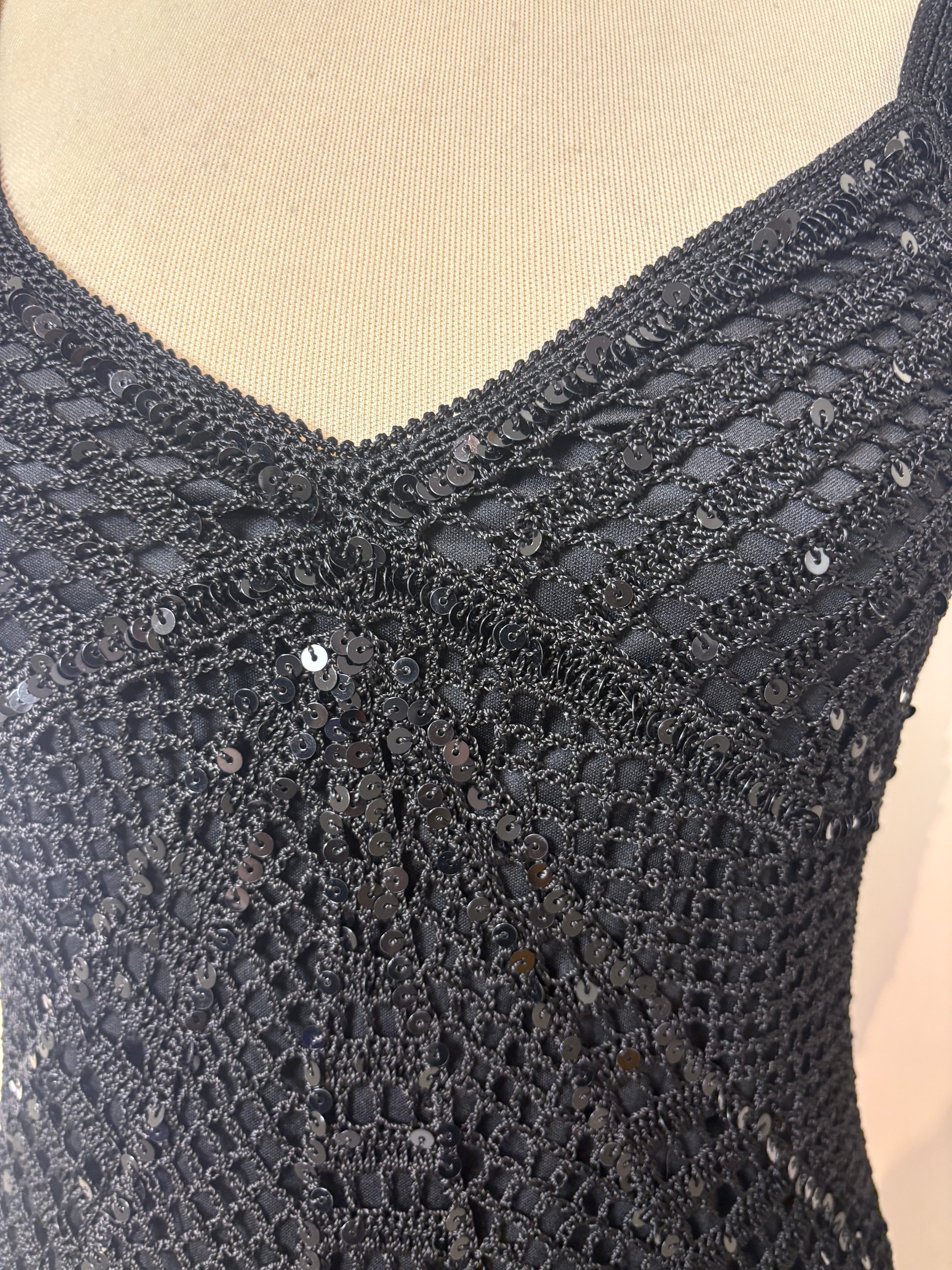 Handmade black crochet sequined lined long dress