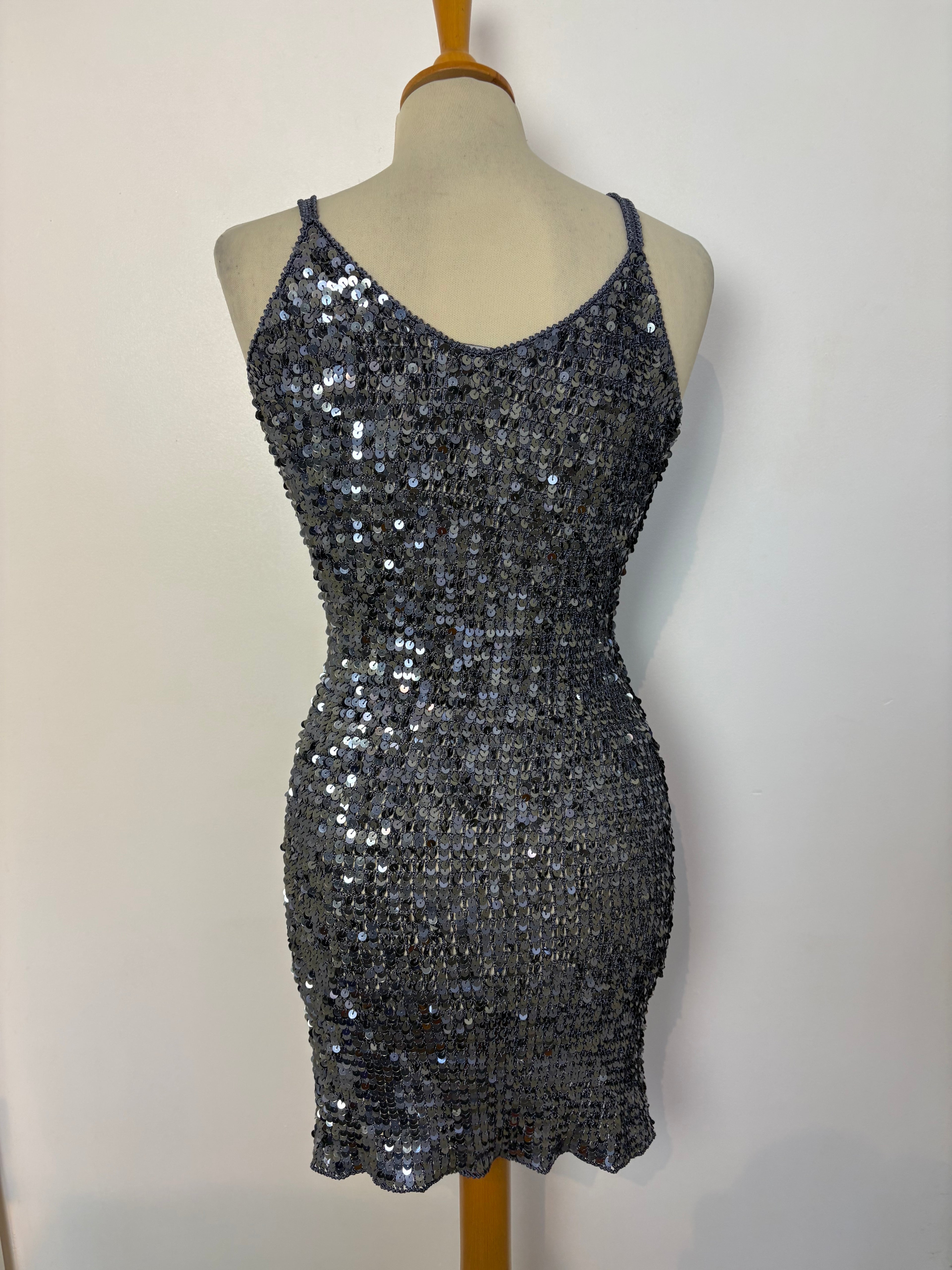 Handmade dark grey crochet sequined mini dress
