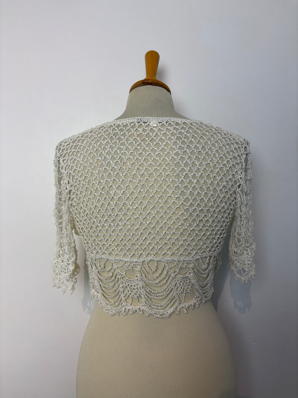 Handmade ivory crochet beaded tie-up bolero