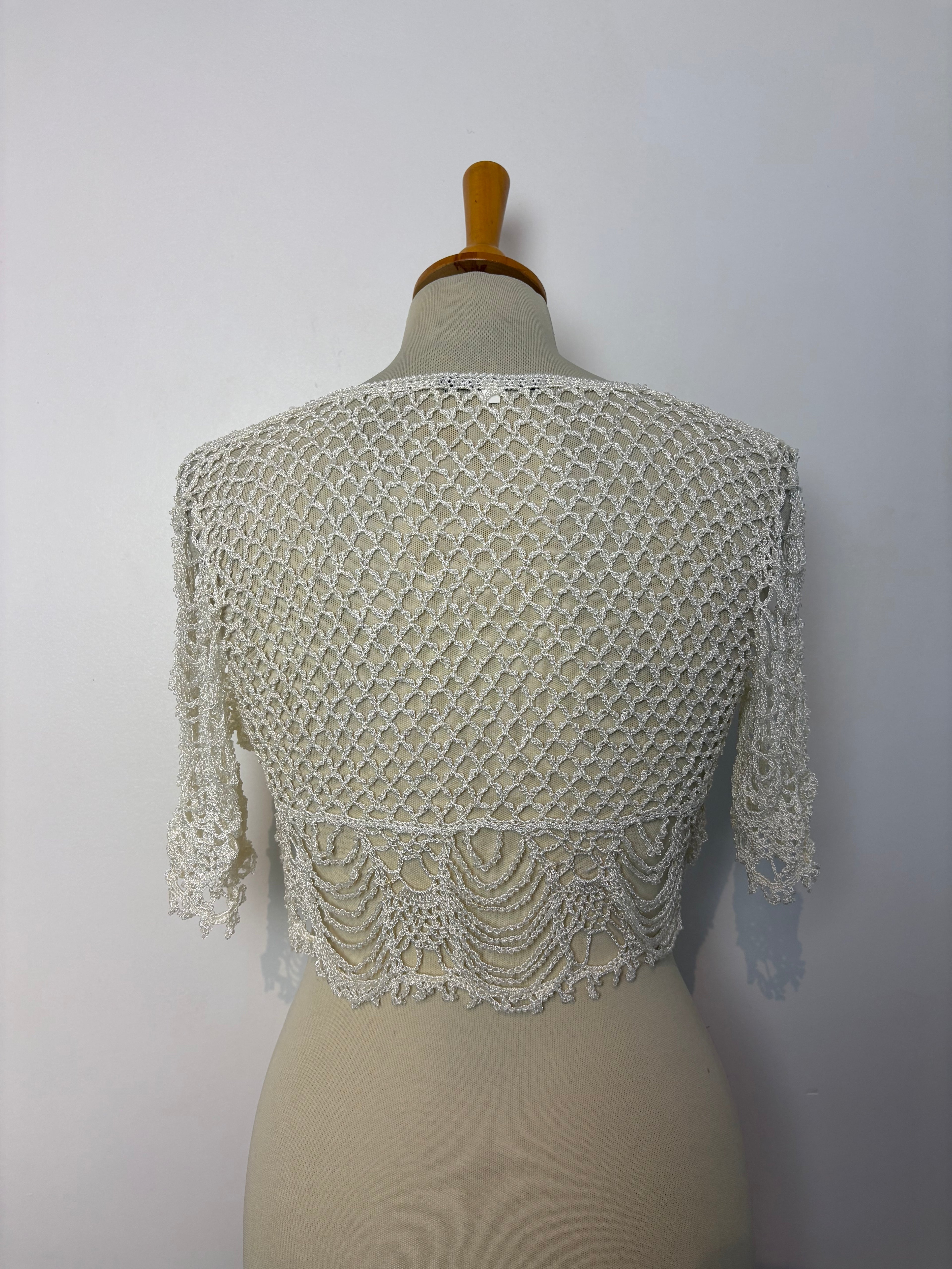Handmade ivory crochet beaded tie-up bolero