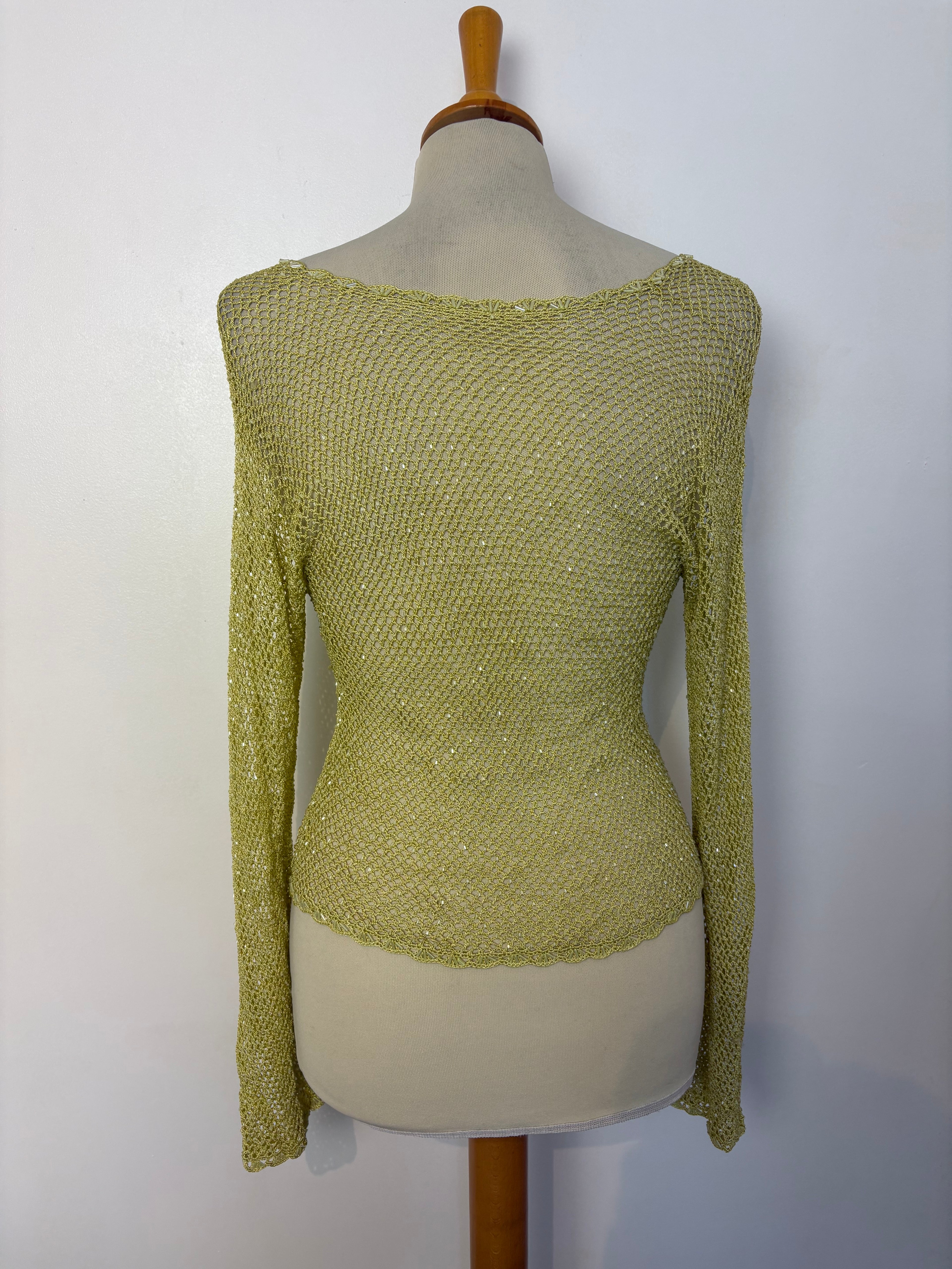 Handmade lime crochet beaded button-up cardigan