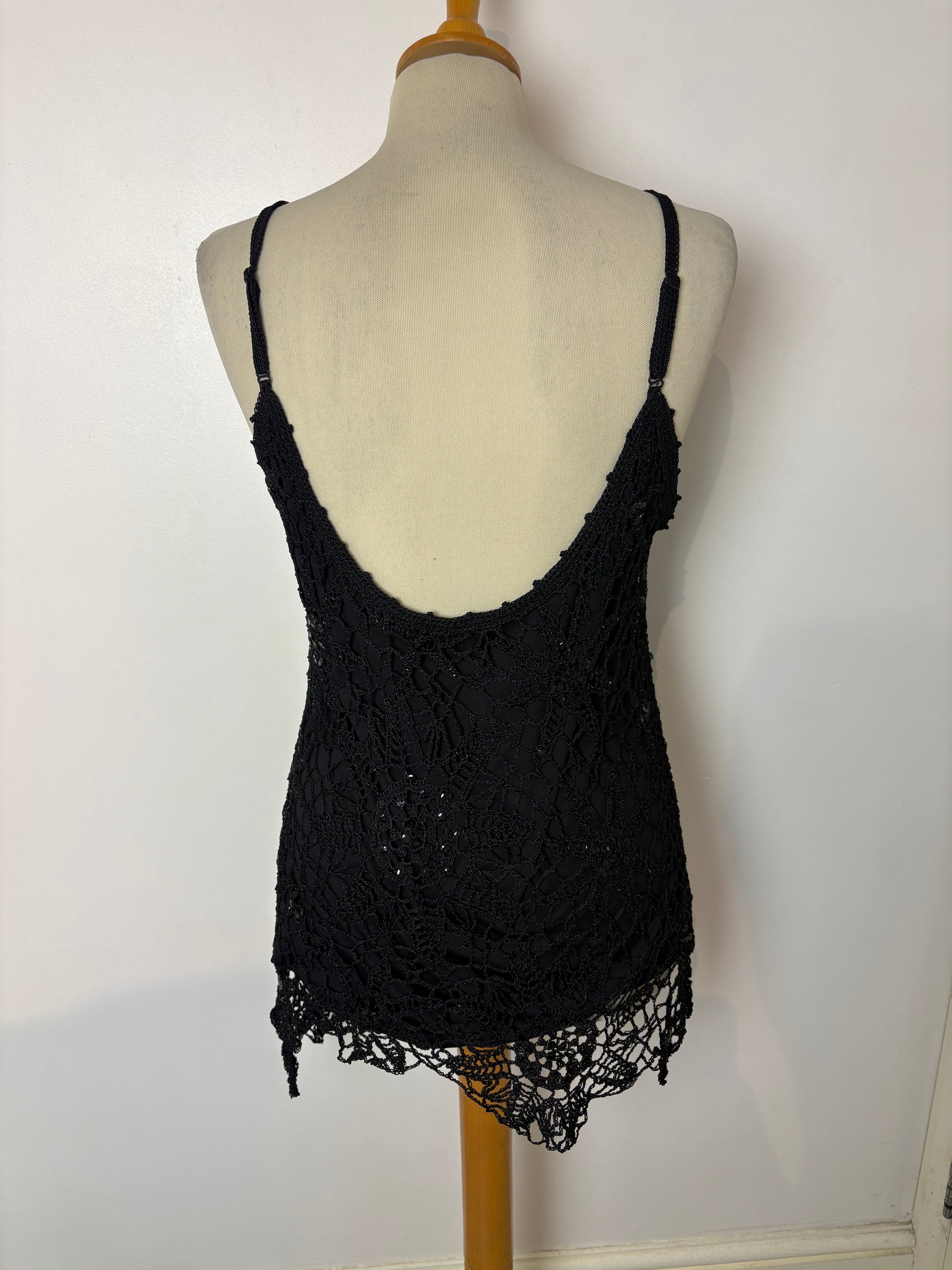 Handmade black crochet sequined long top