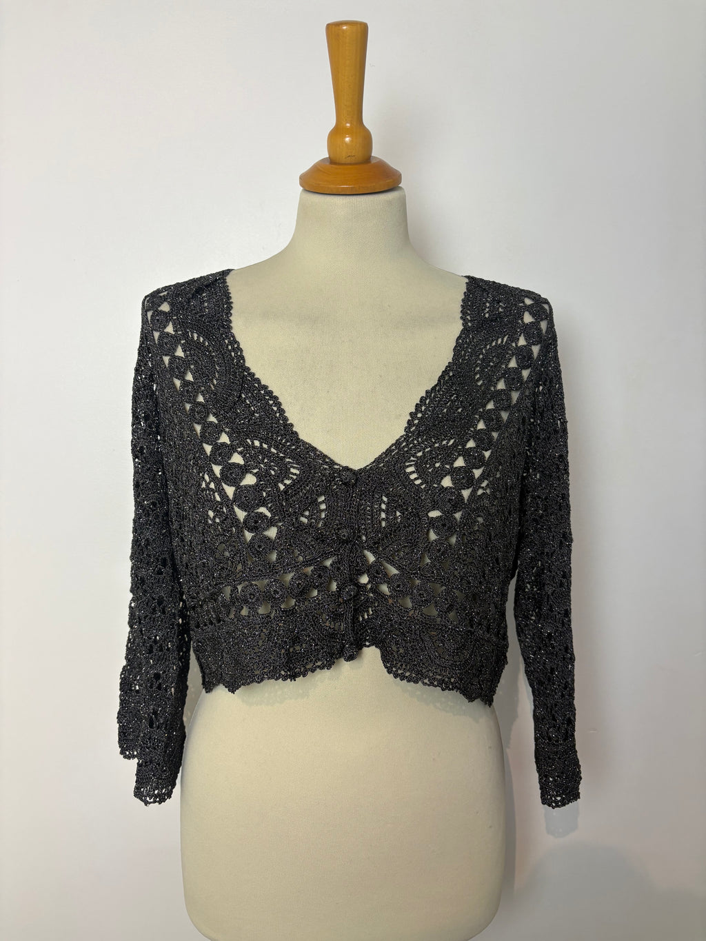 Handmade dark grey crochet sparkly button-up bolero