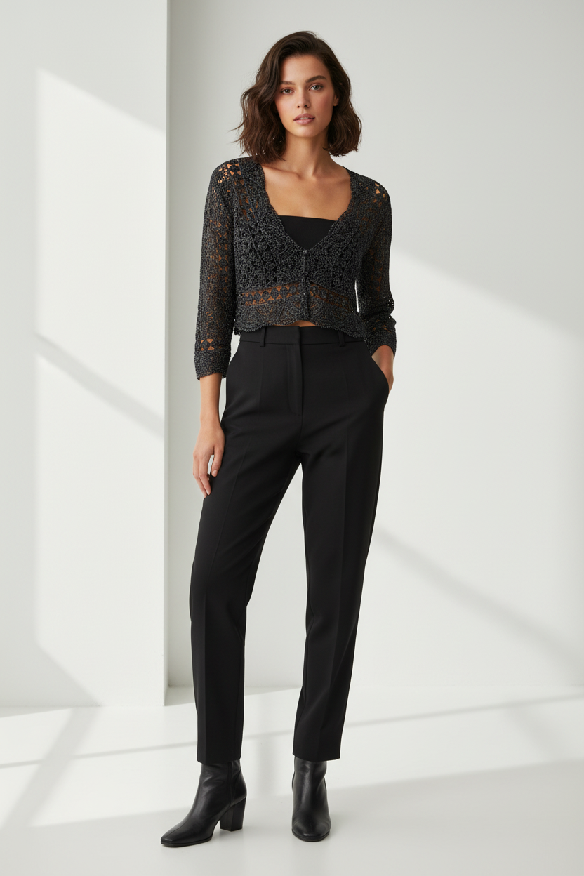 Handmade dark grey crochet sparkly button-up bolero
