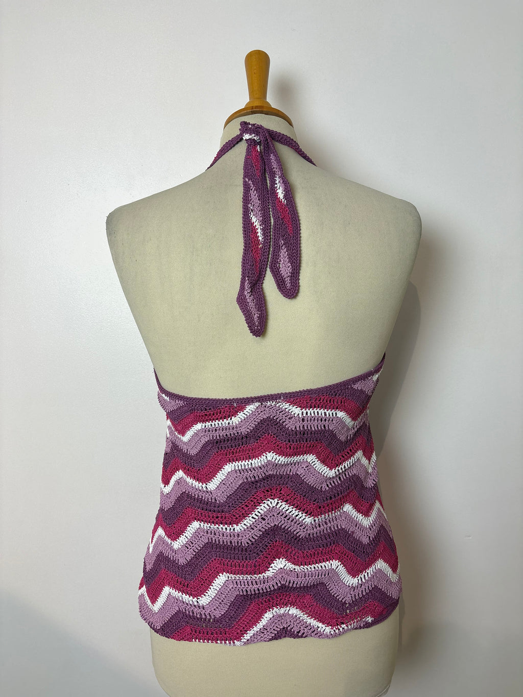 Handmade pink crochet lined chevron-pattern halterneck