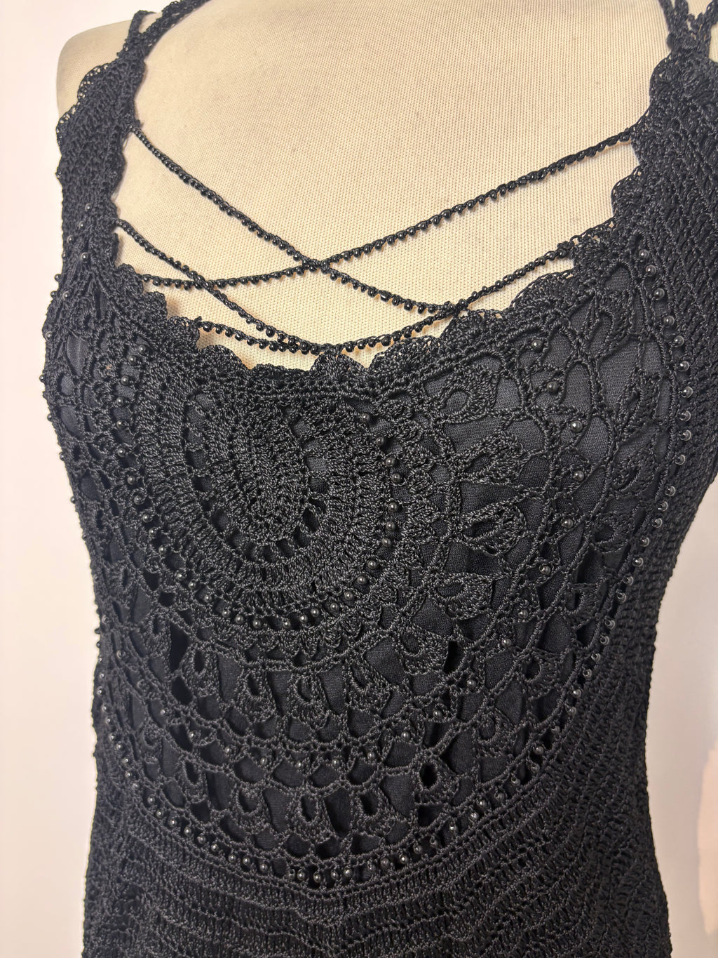 Handmade black crochet beaded cross-strap top