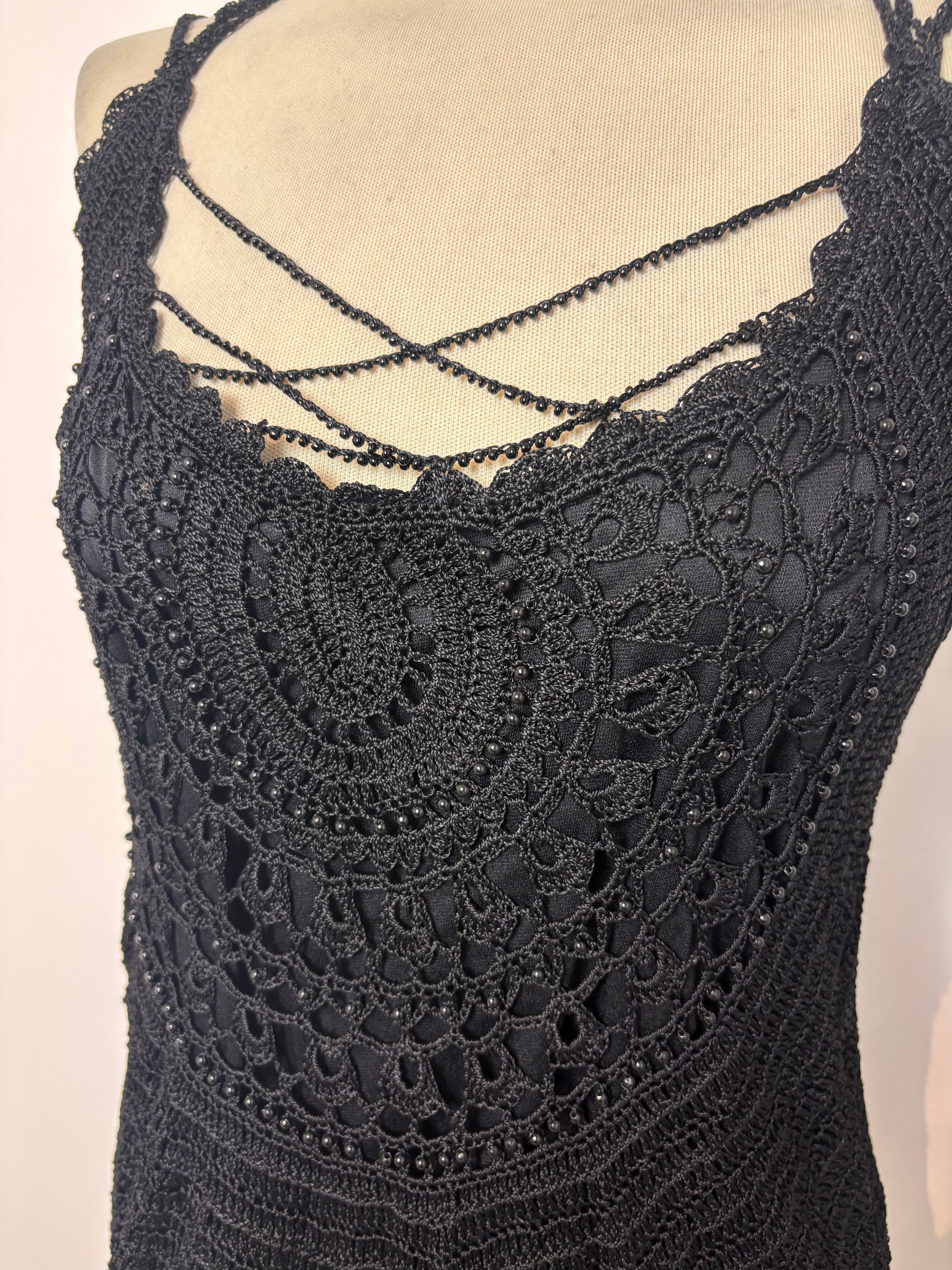 Handmade black crochet beaded cross-strap top