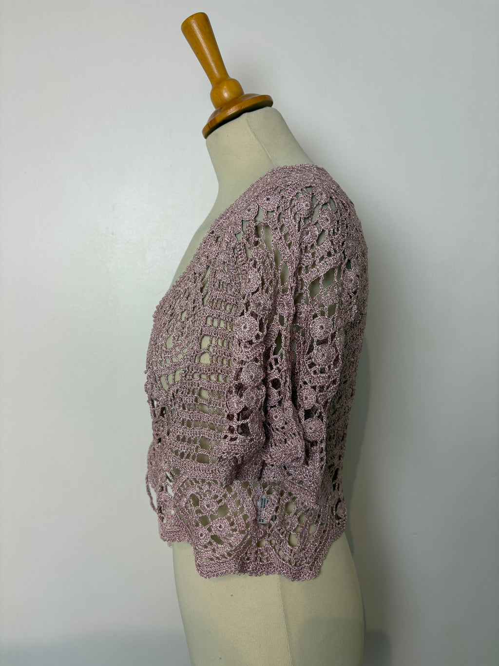 Handmade sparkly pink crochet tie-up bolero