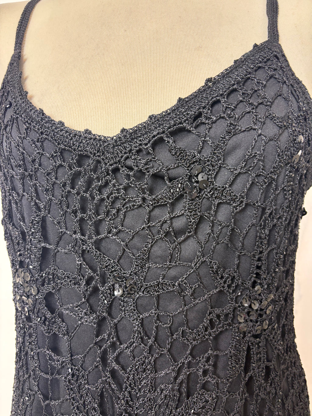 Handmade black crochet sequined long top