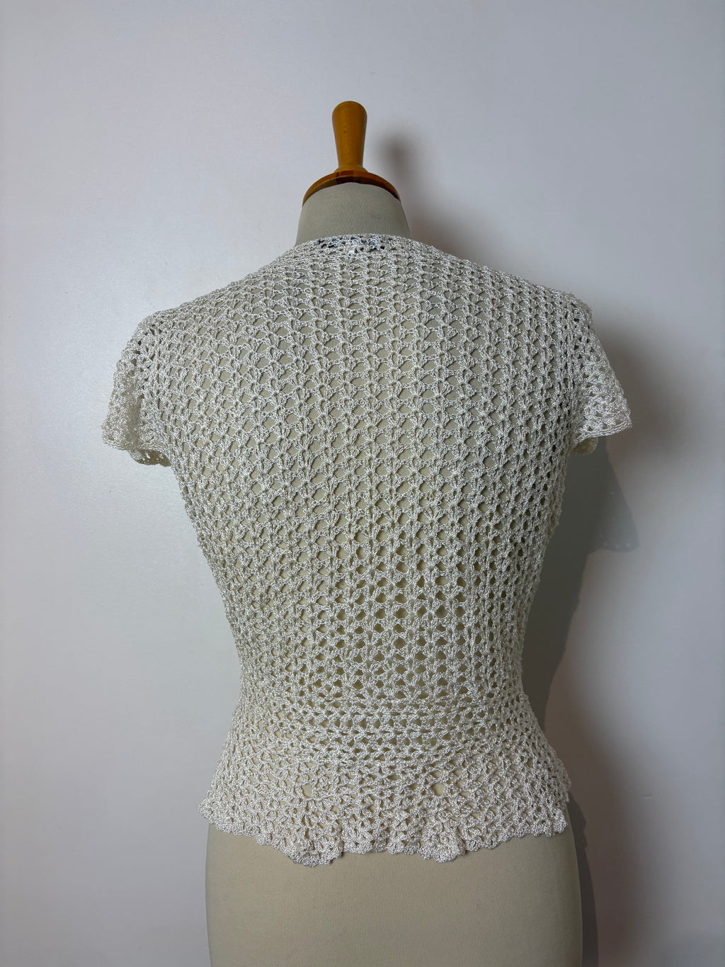 Handmade ivory crochet sparkly cap-sleeved cardigan