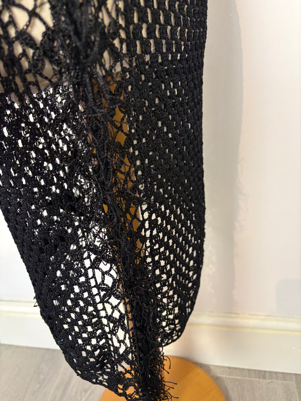 Handmade black crochet flower-patterned-beaded tassel long dress