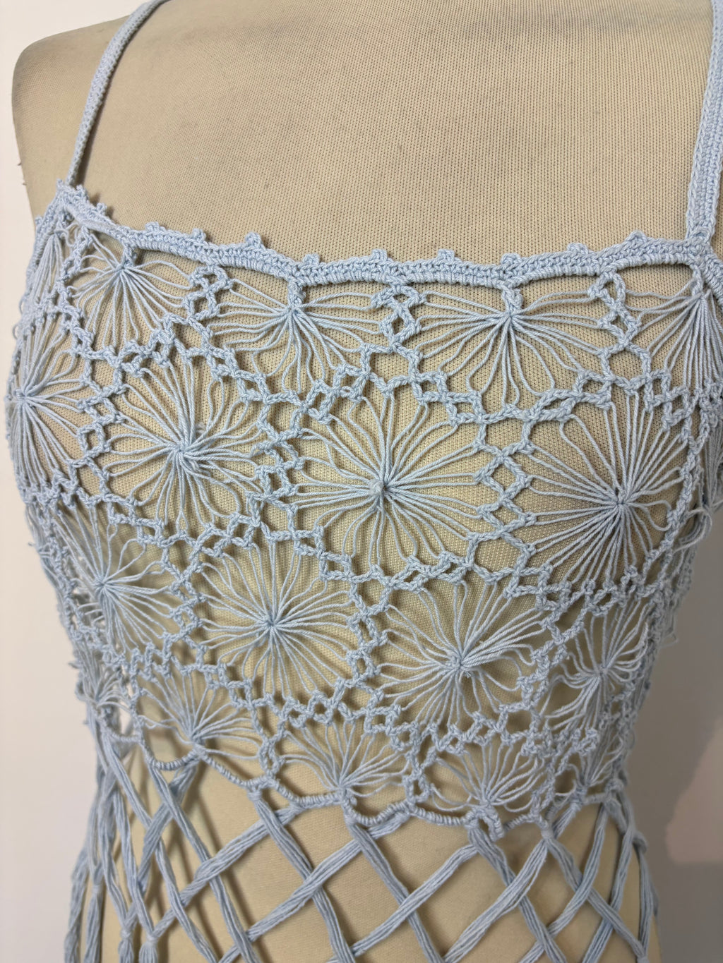 Light blue crochet long-tassel beach dress