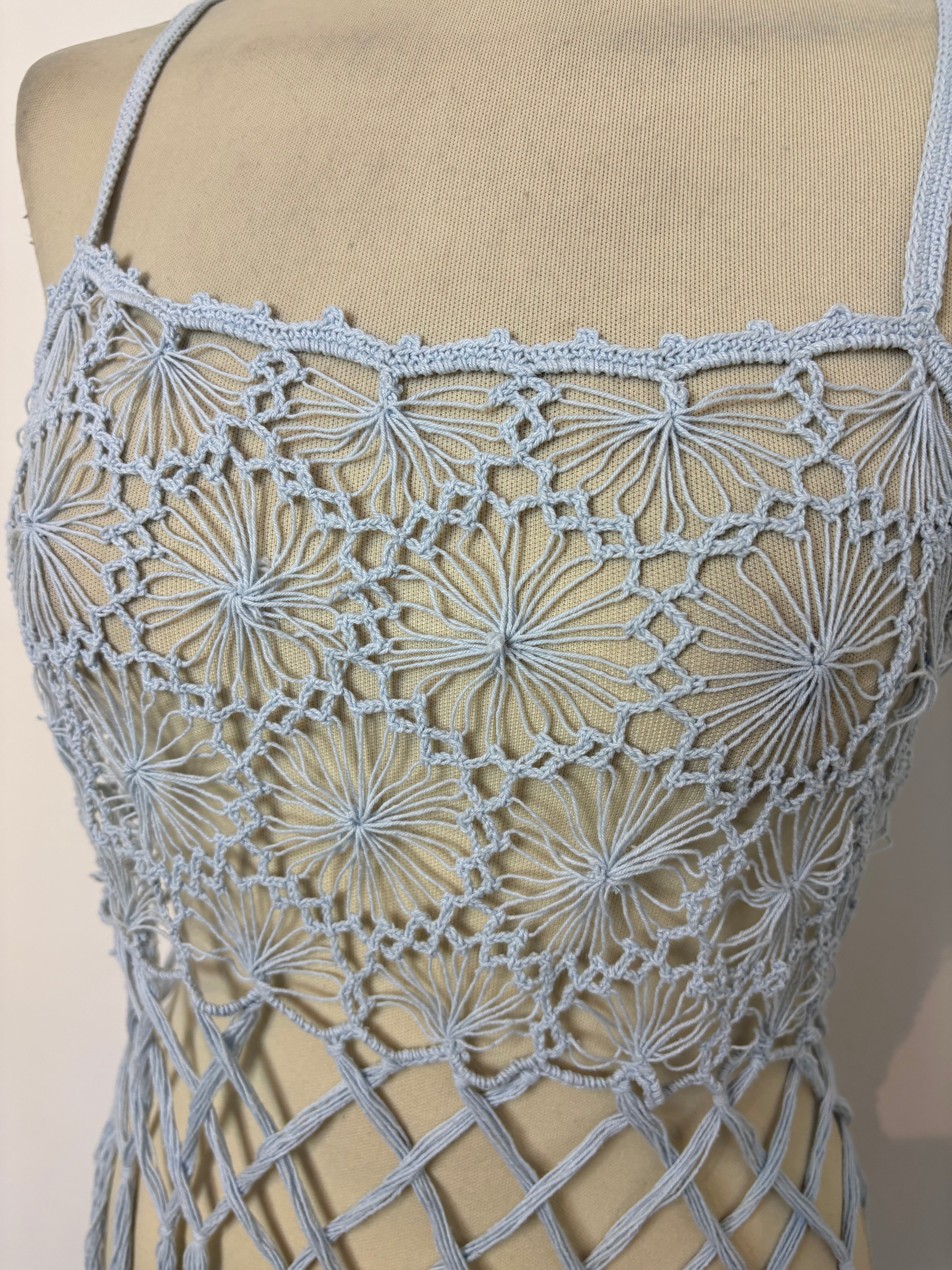 Light blue crochet long-tassel beach dress
