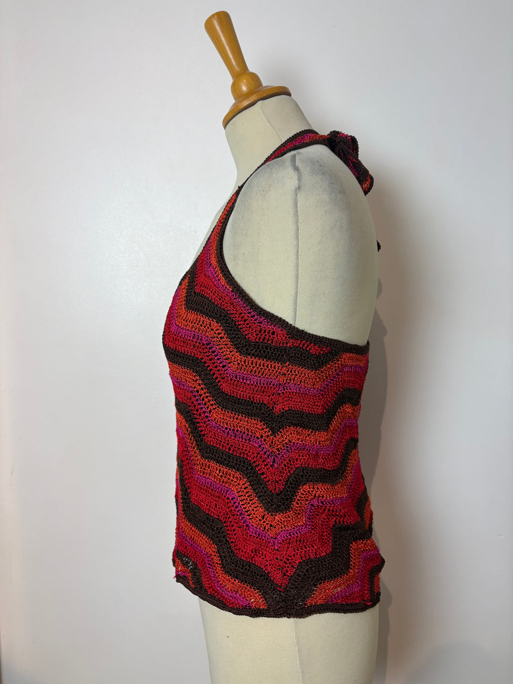 Handmade orange crochet chevron-pattern lined halterneck