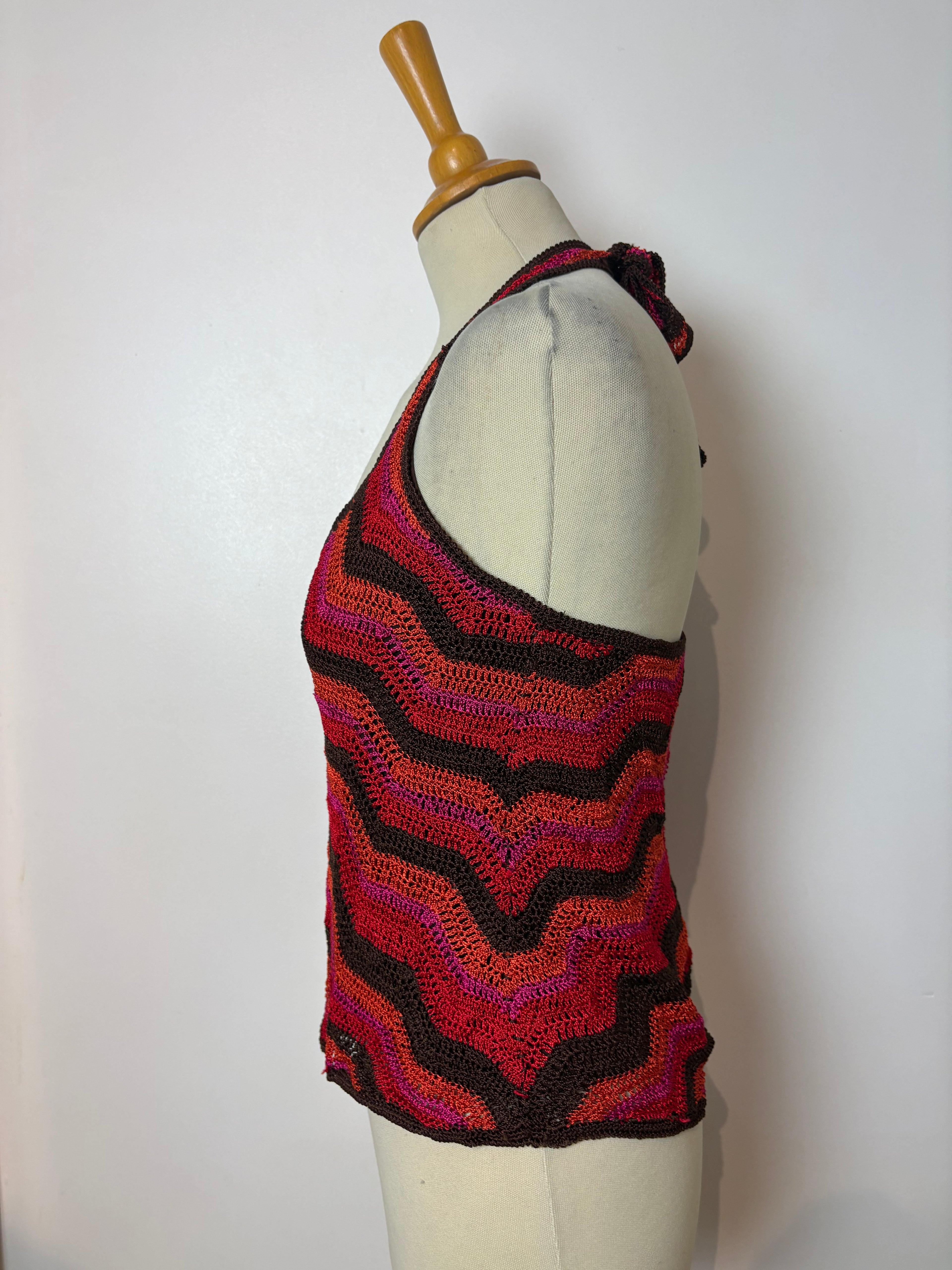 Handmade orange crochet chevron-pattern lined halterneck