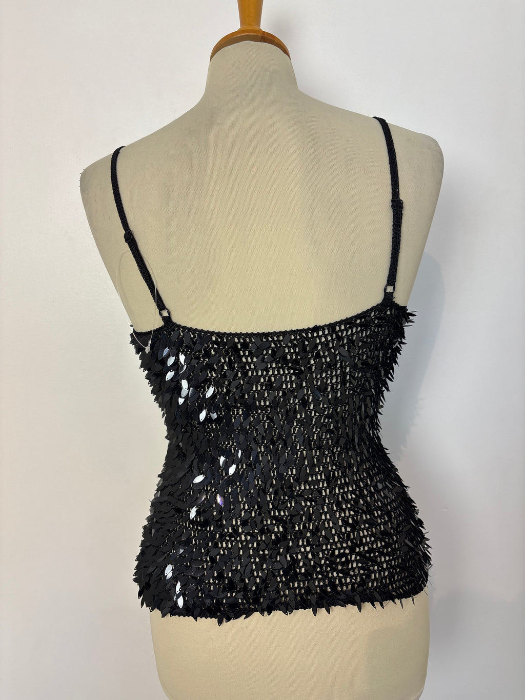 Handmade black crochet sequined strappy top