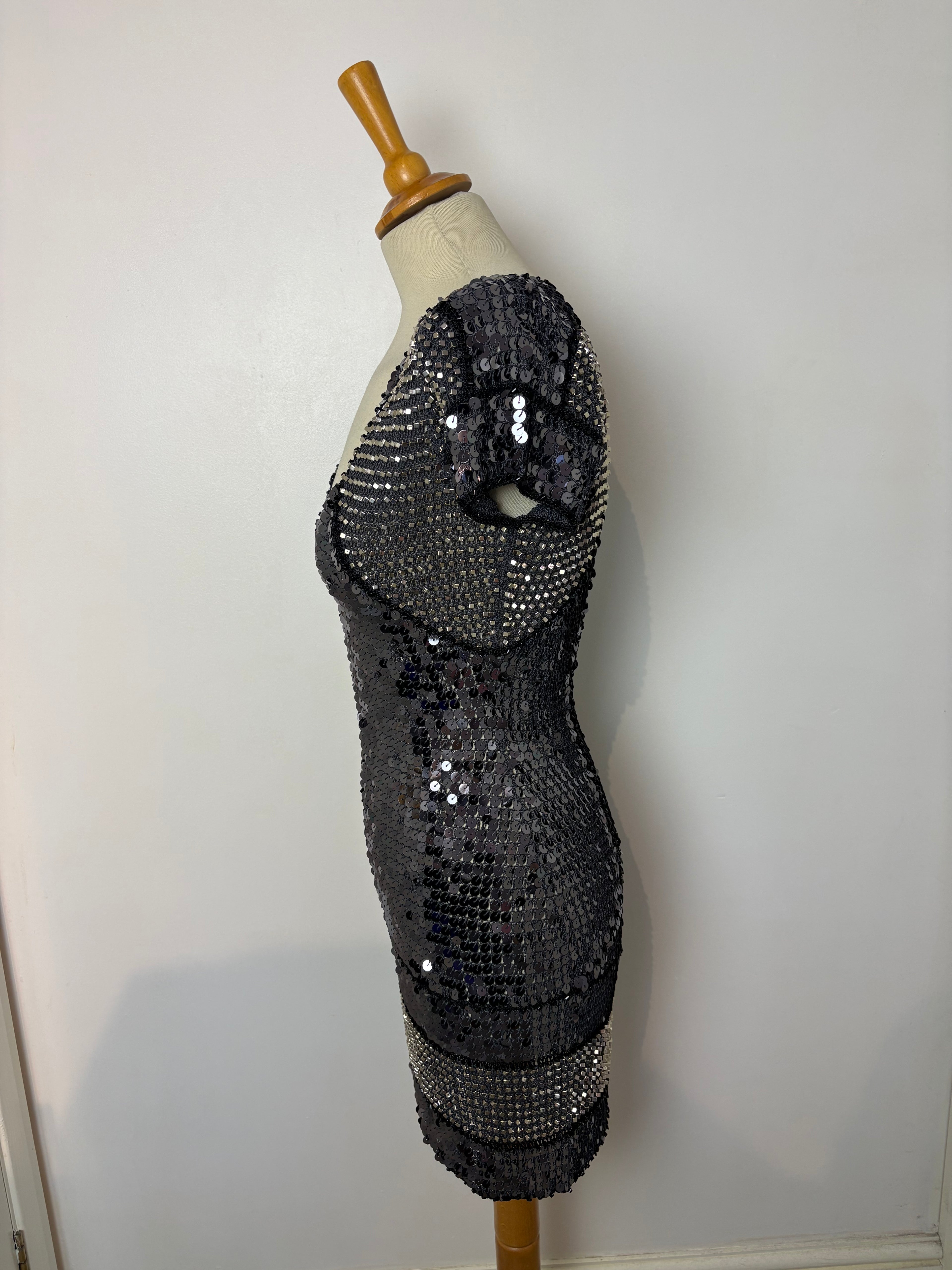Handmade crochet dark grey sequined and beaded dress