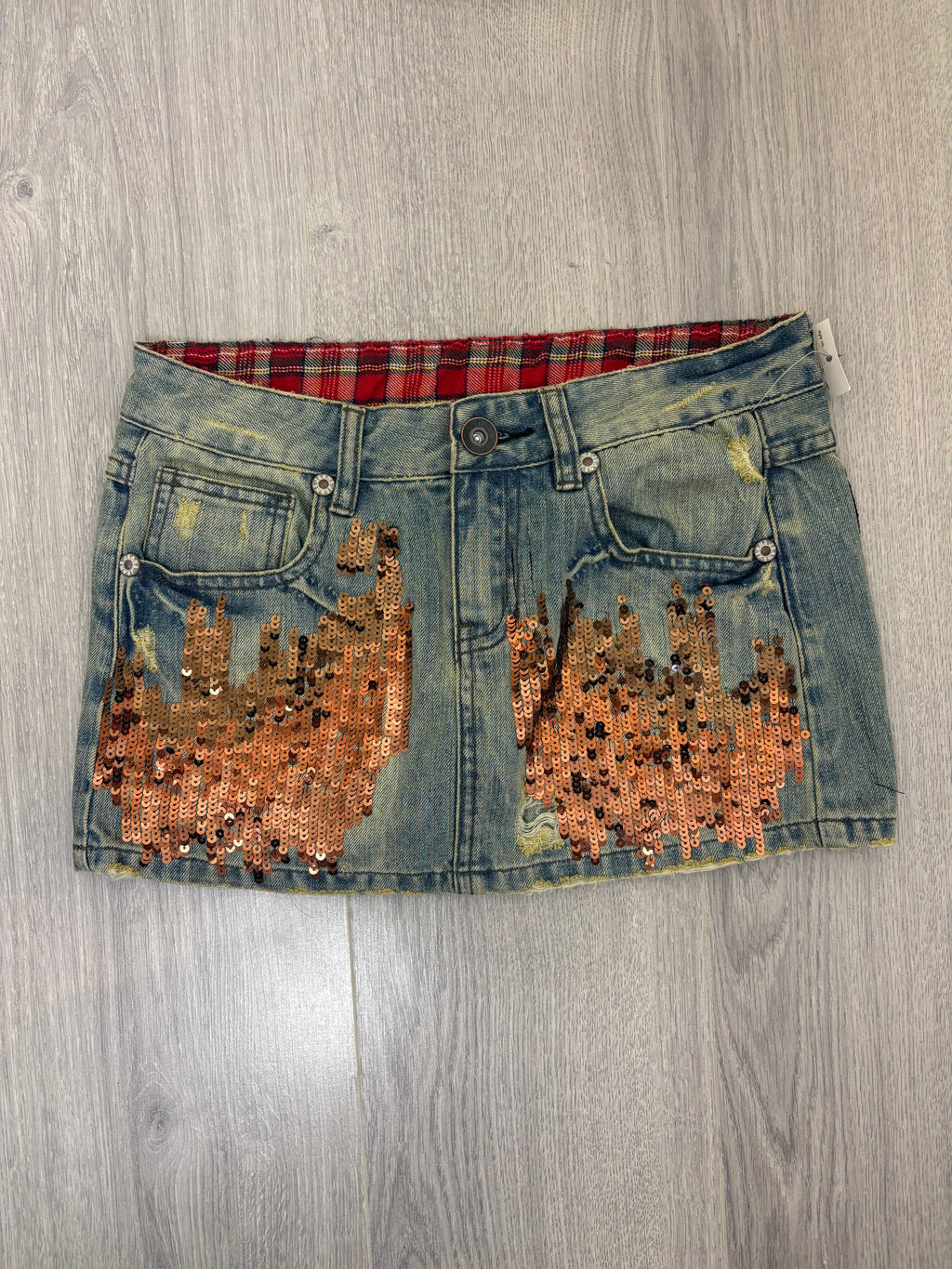 Denim bronze sequined mini skirt