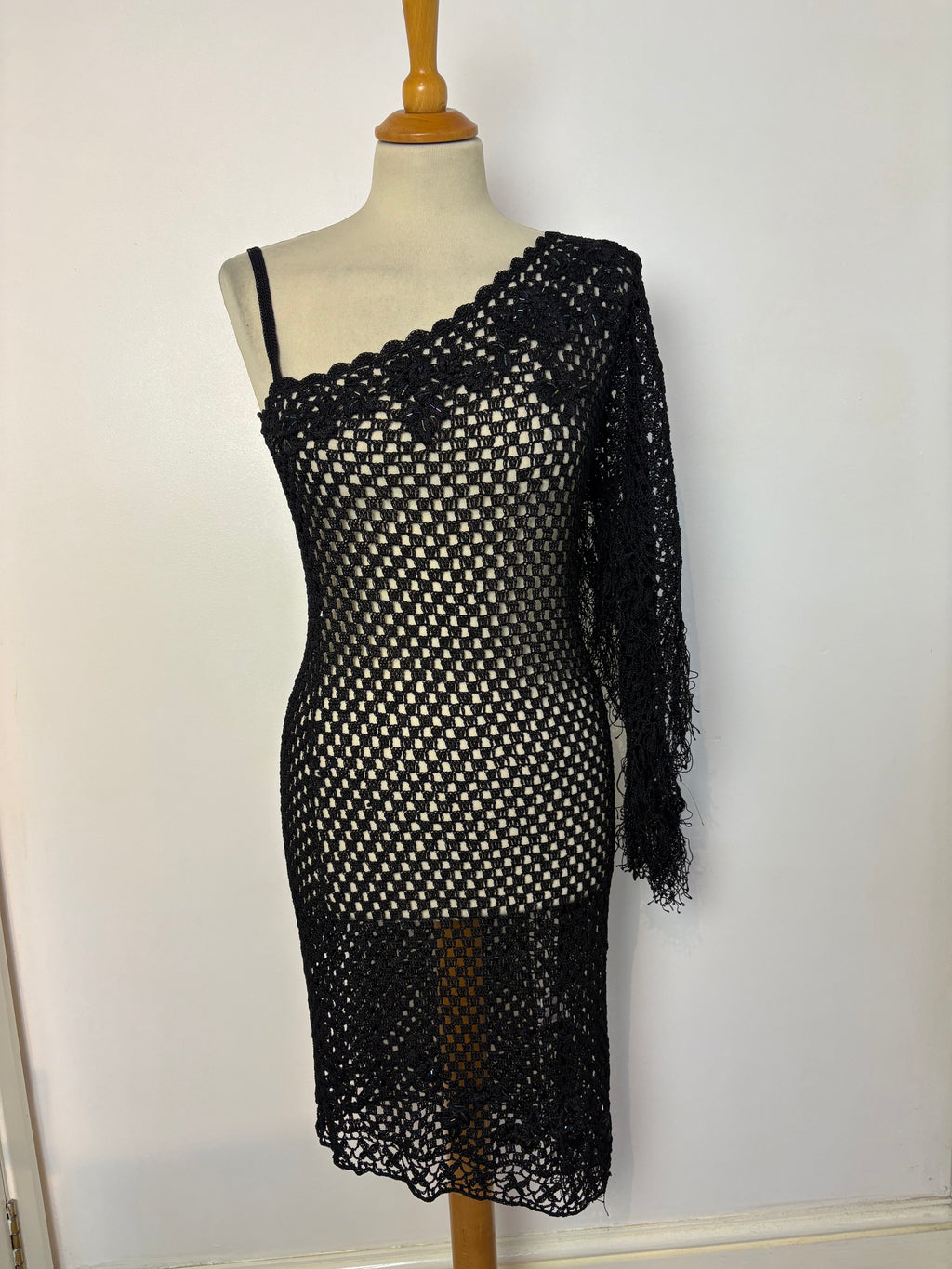 Handmade black crochet flower-patterned-beaded tassel long dress
