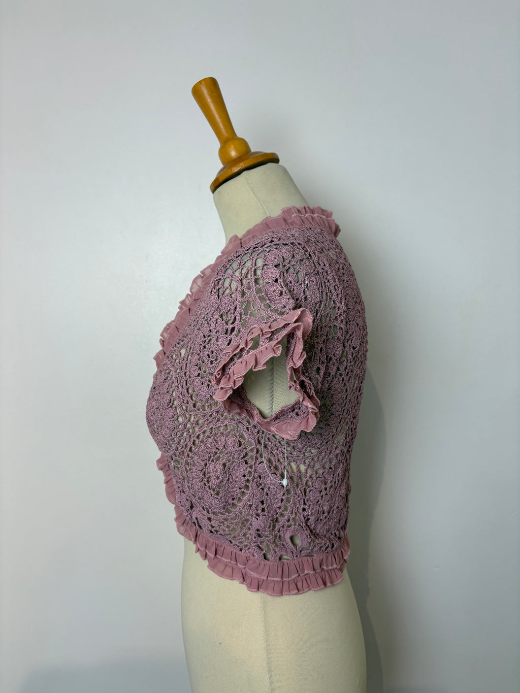 Handmade pink crochet chiffon-sleeved bolero