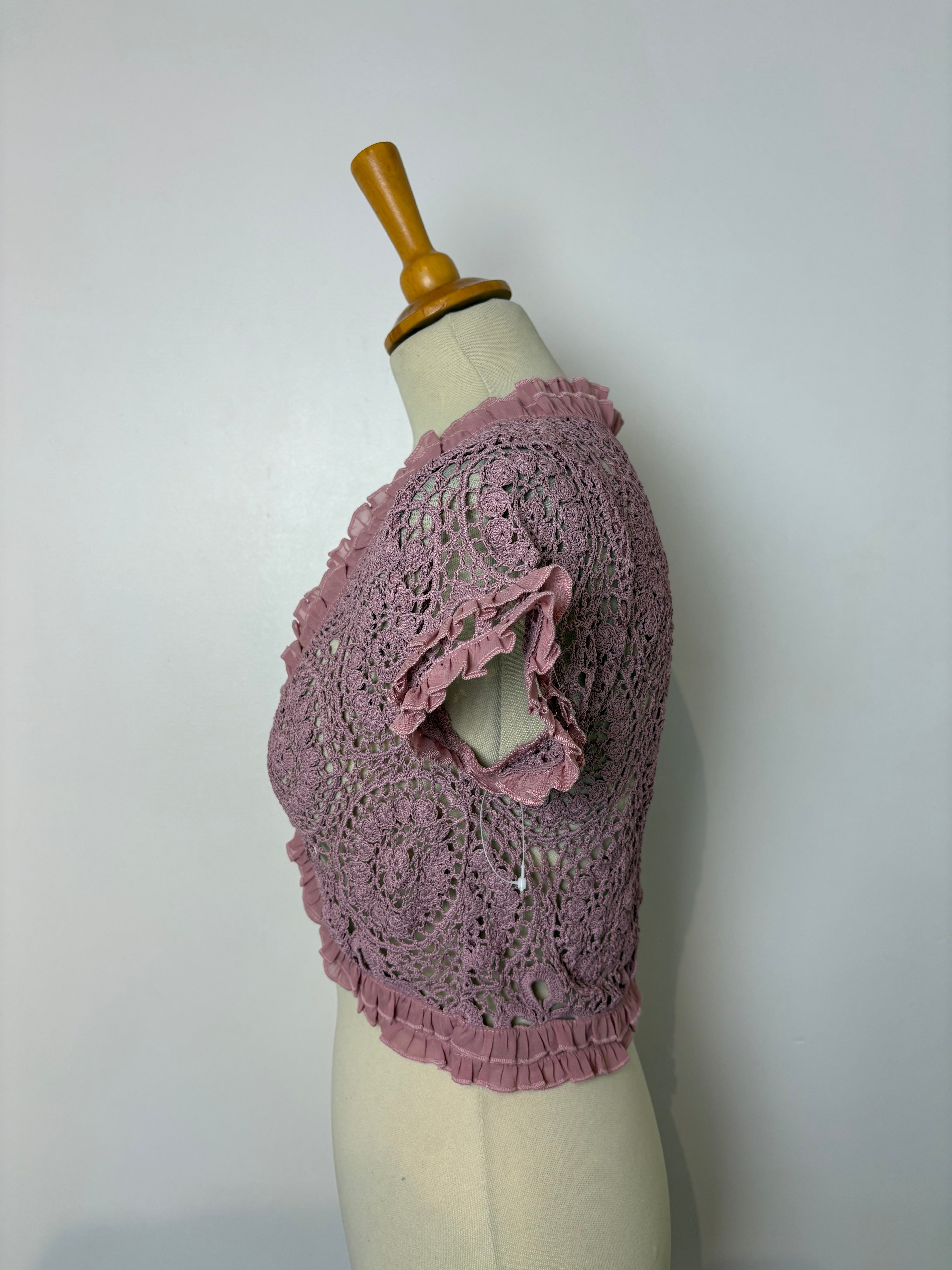 Handmade pink crochet chiffon-sleeved bolero
