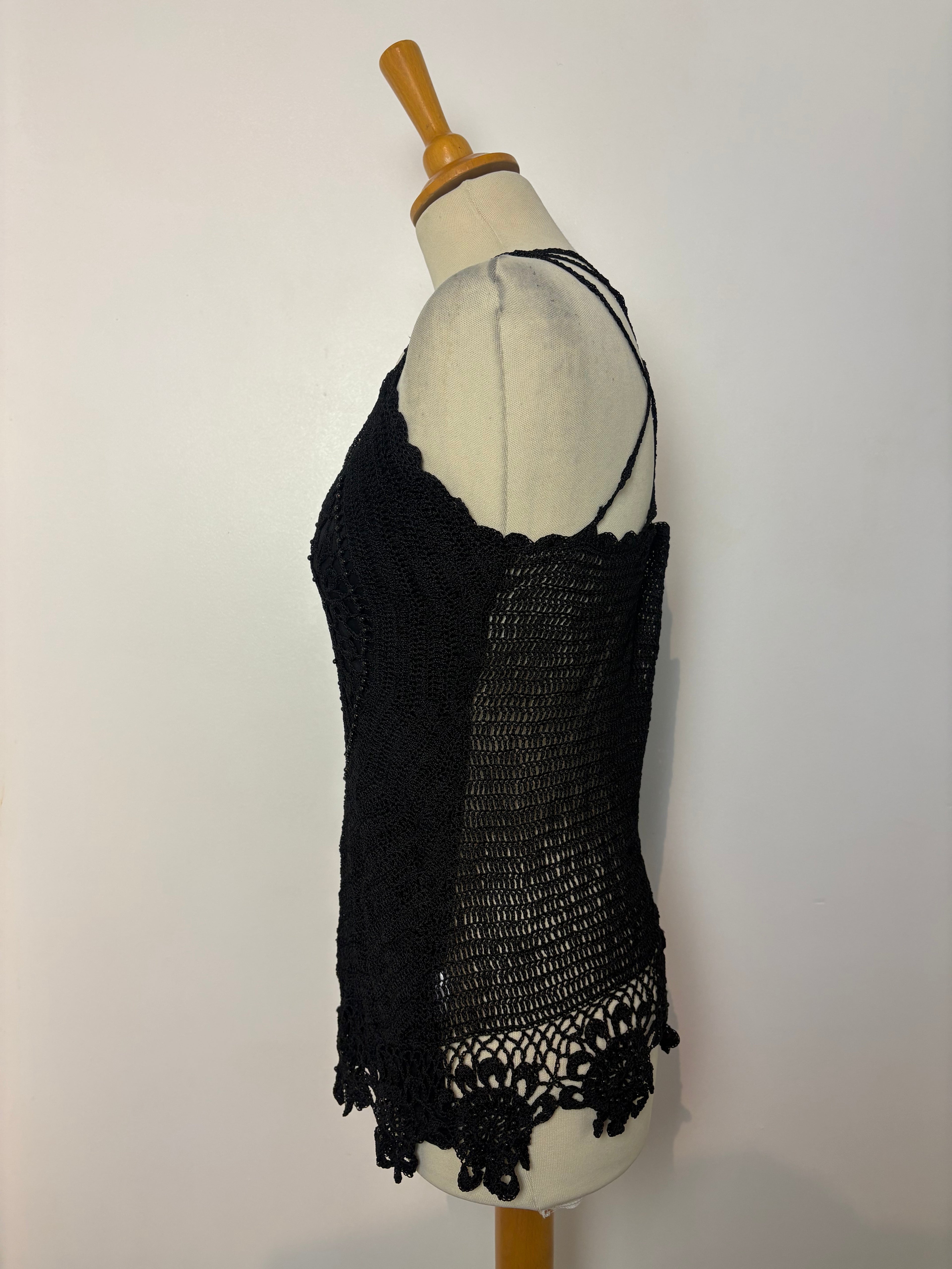 Handmade black crochet beaded cross-strap top