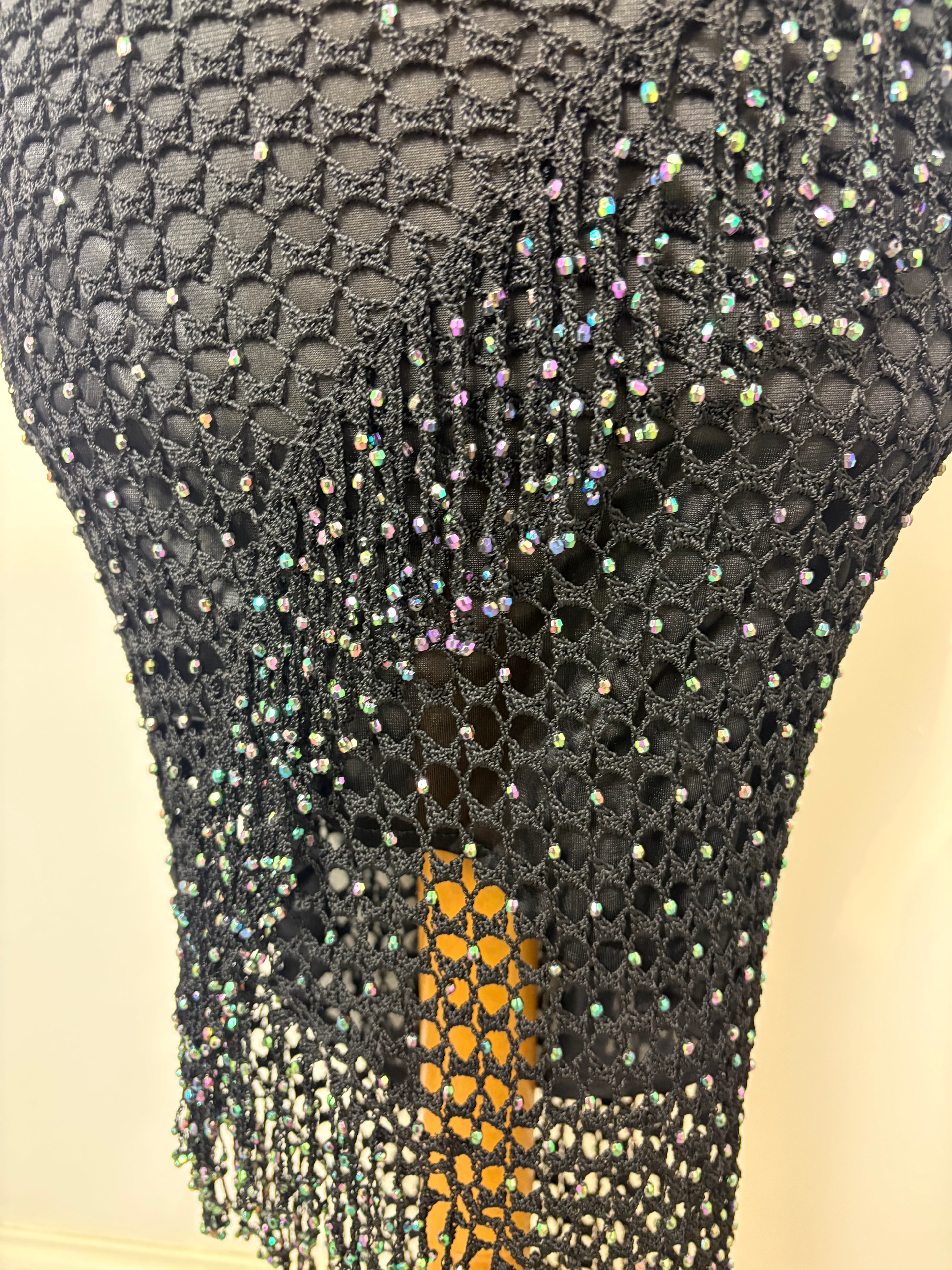 Handmade black crochet iridescent beaded lined dress￼