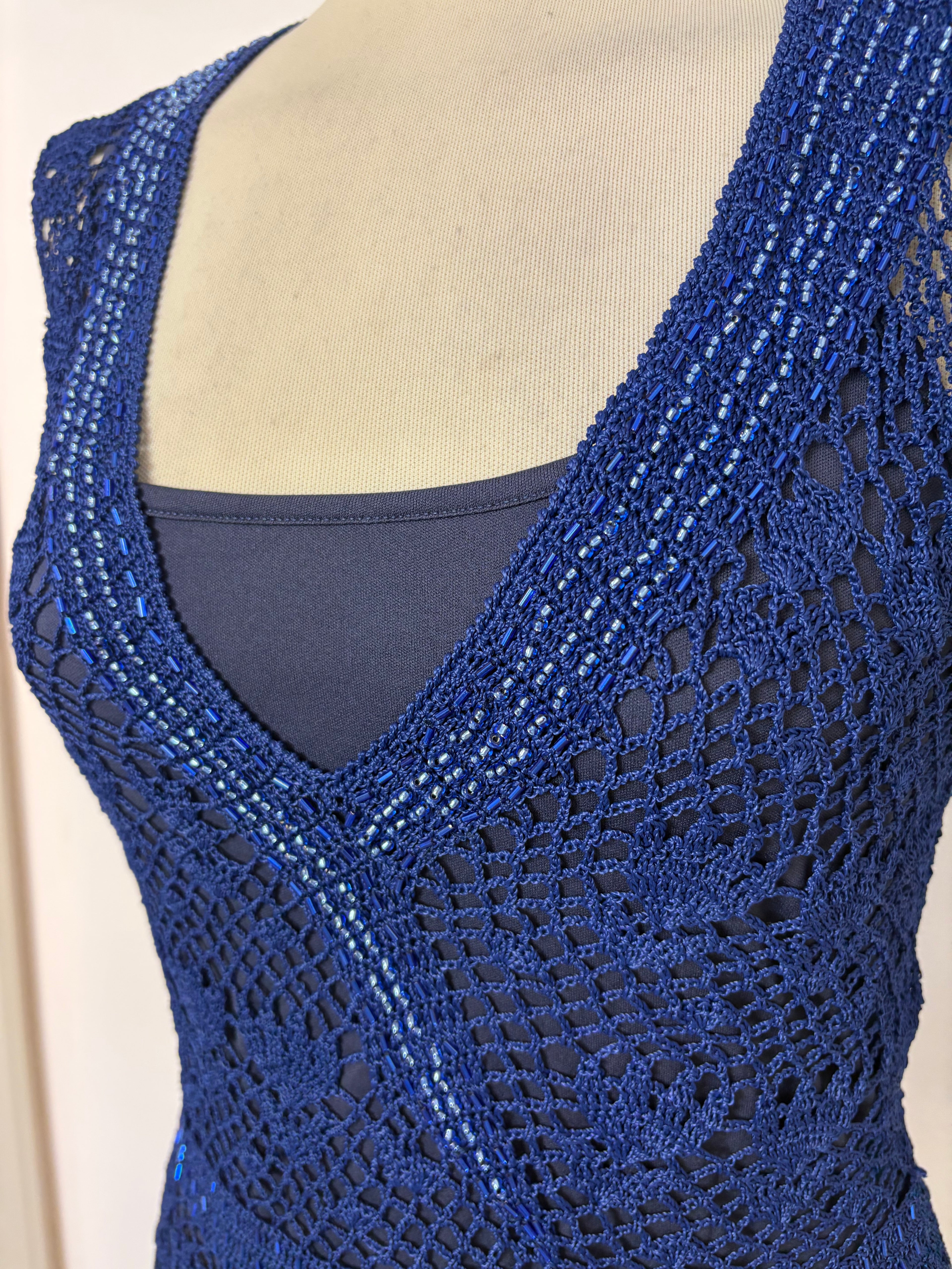 Handmade blue crochet beaded lined top