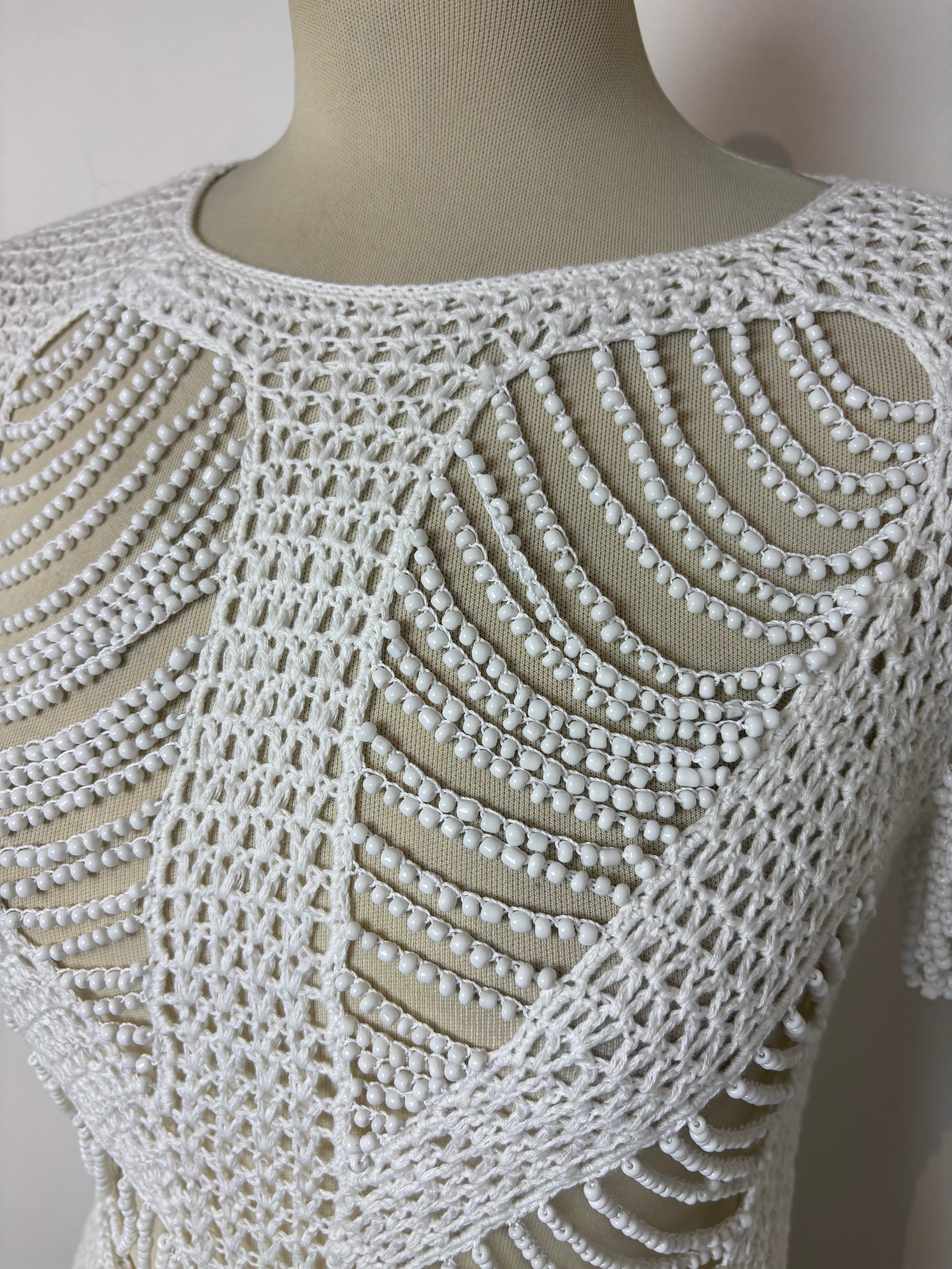 Handmade white crochet heavily beaded mini dress