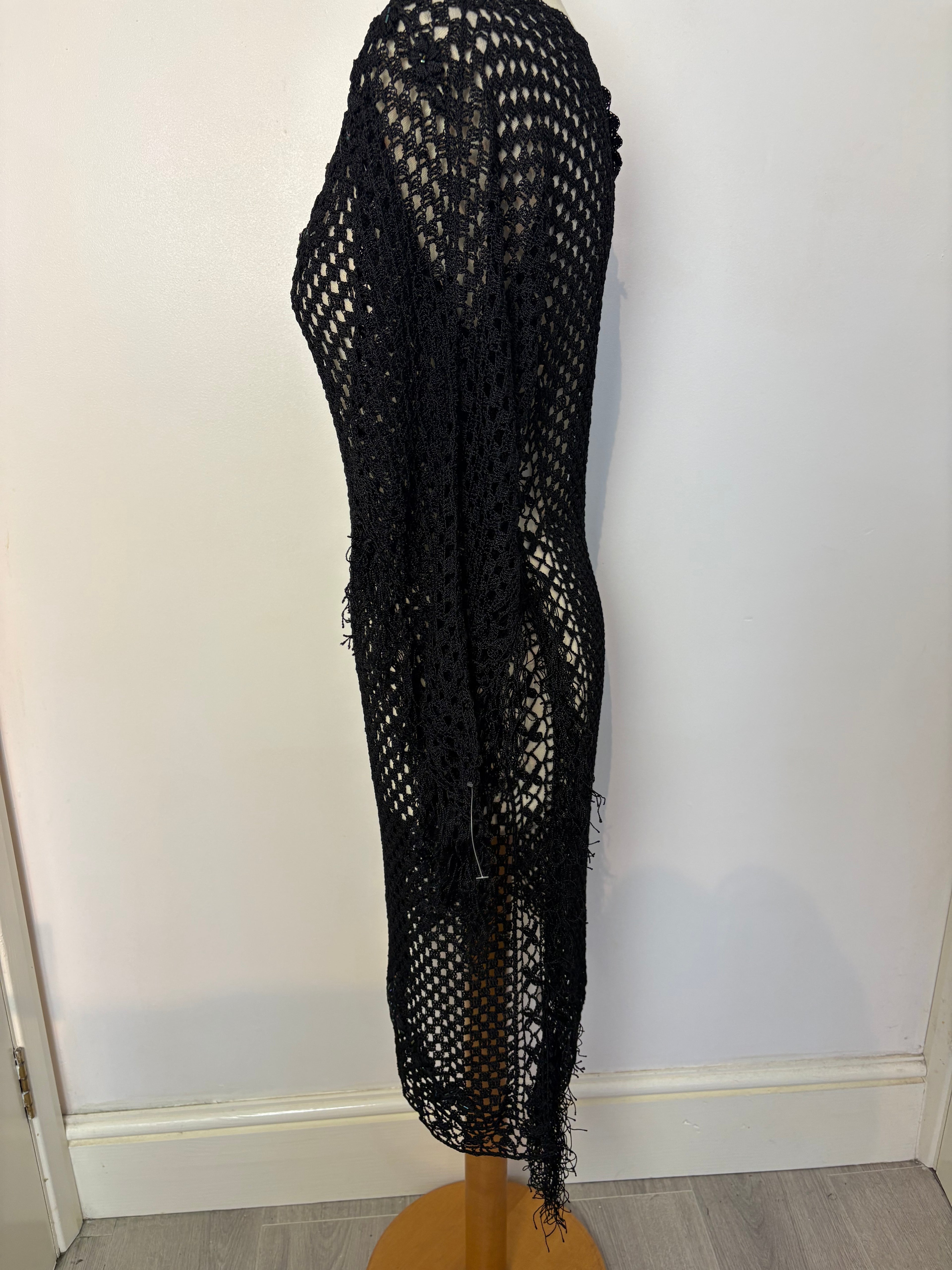 Handmade black crochet flower-patterned-beaded tassel long dress