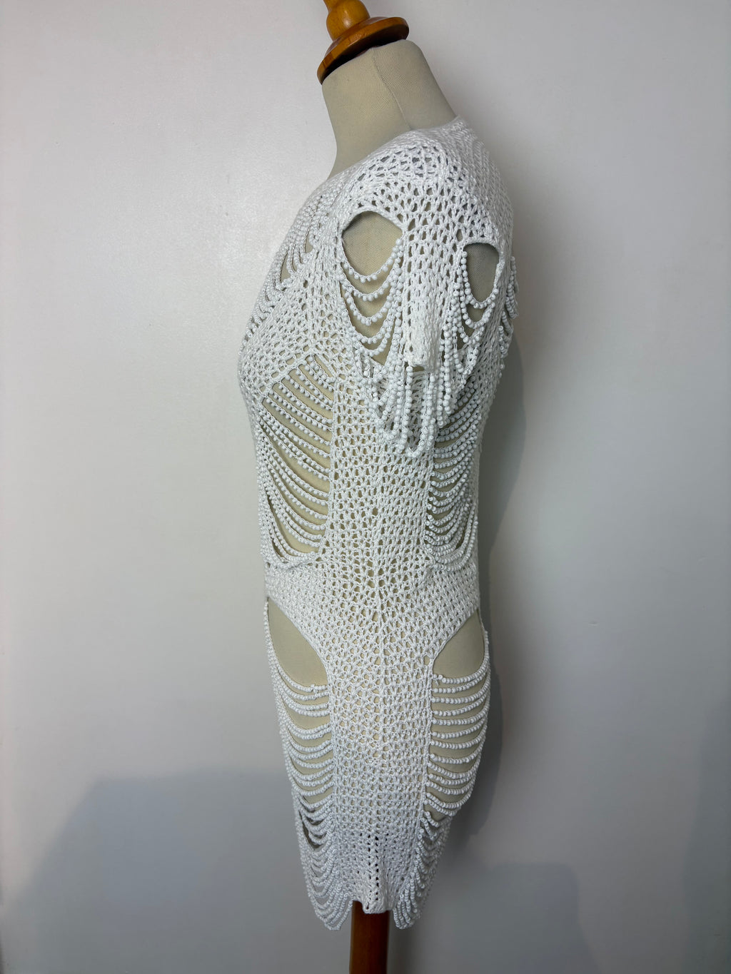 Handmade white crochet heavily beaded mini dress