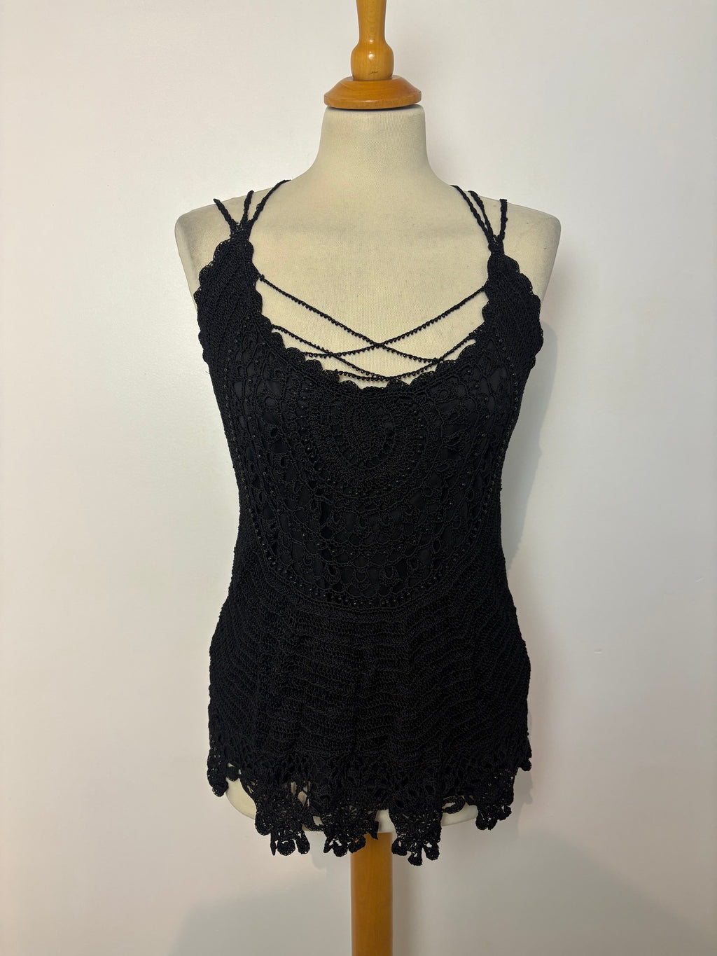 Handmade black crochet beaded cross-strap top