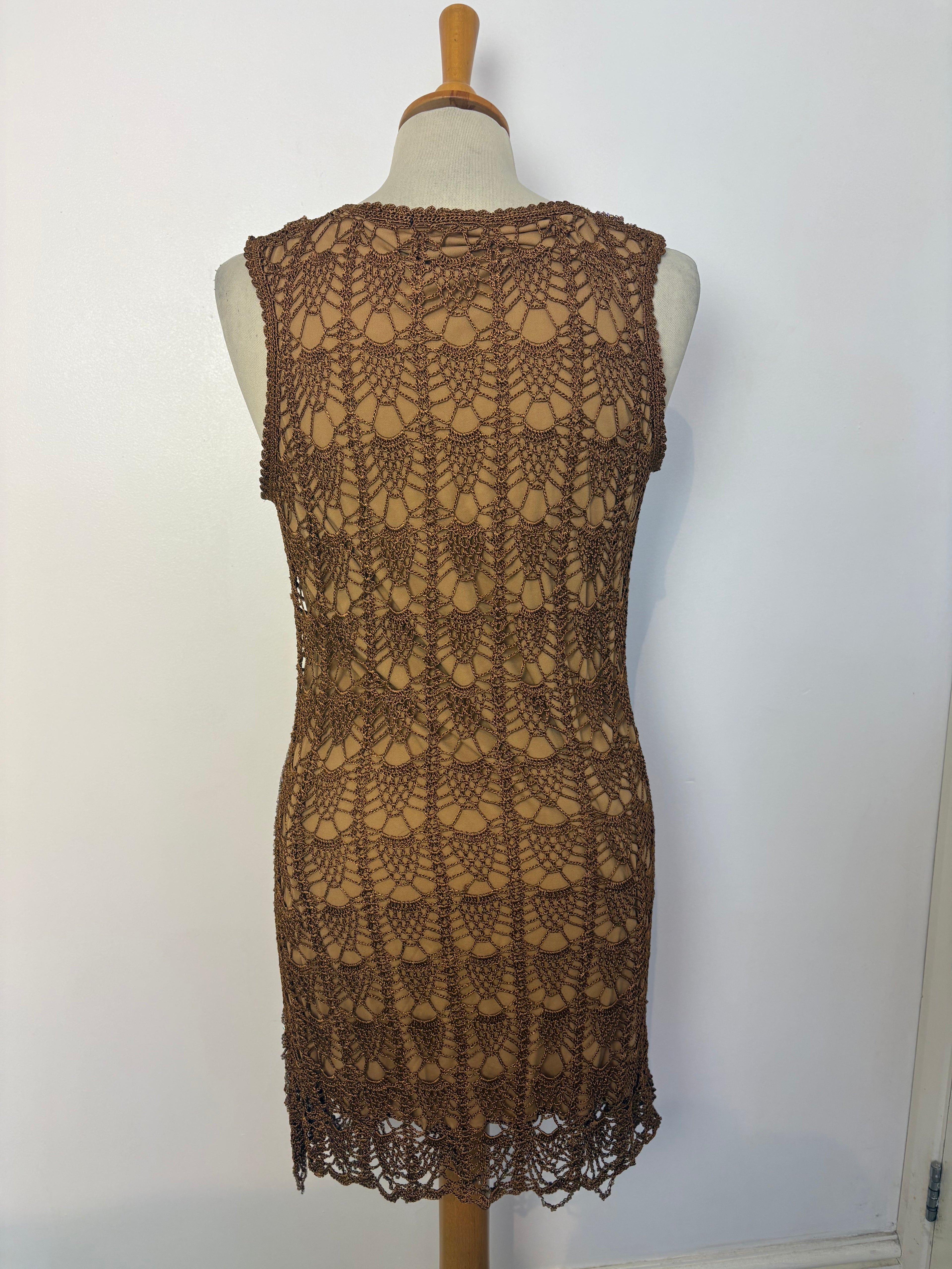 Handmade brown crochet iridescent beaded lined dress￼