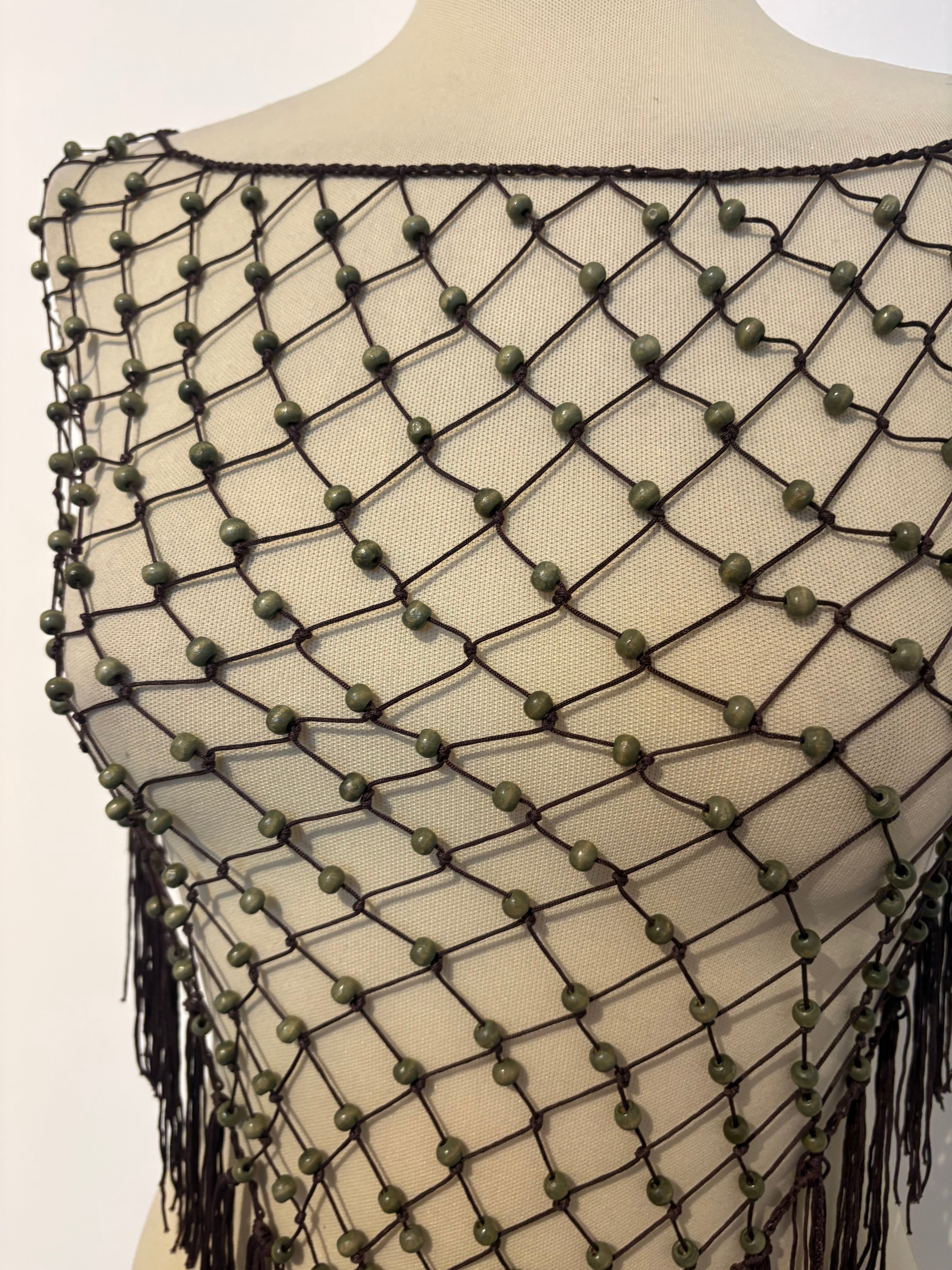 Brown khaki beaded tie-up shawl