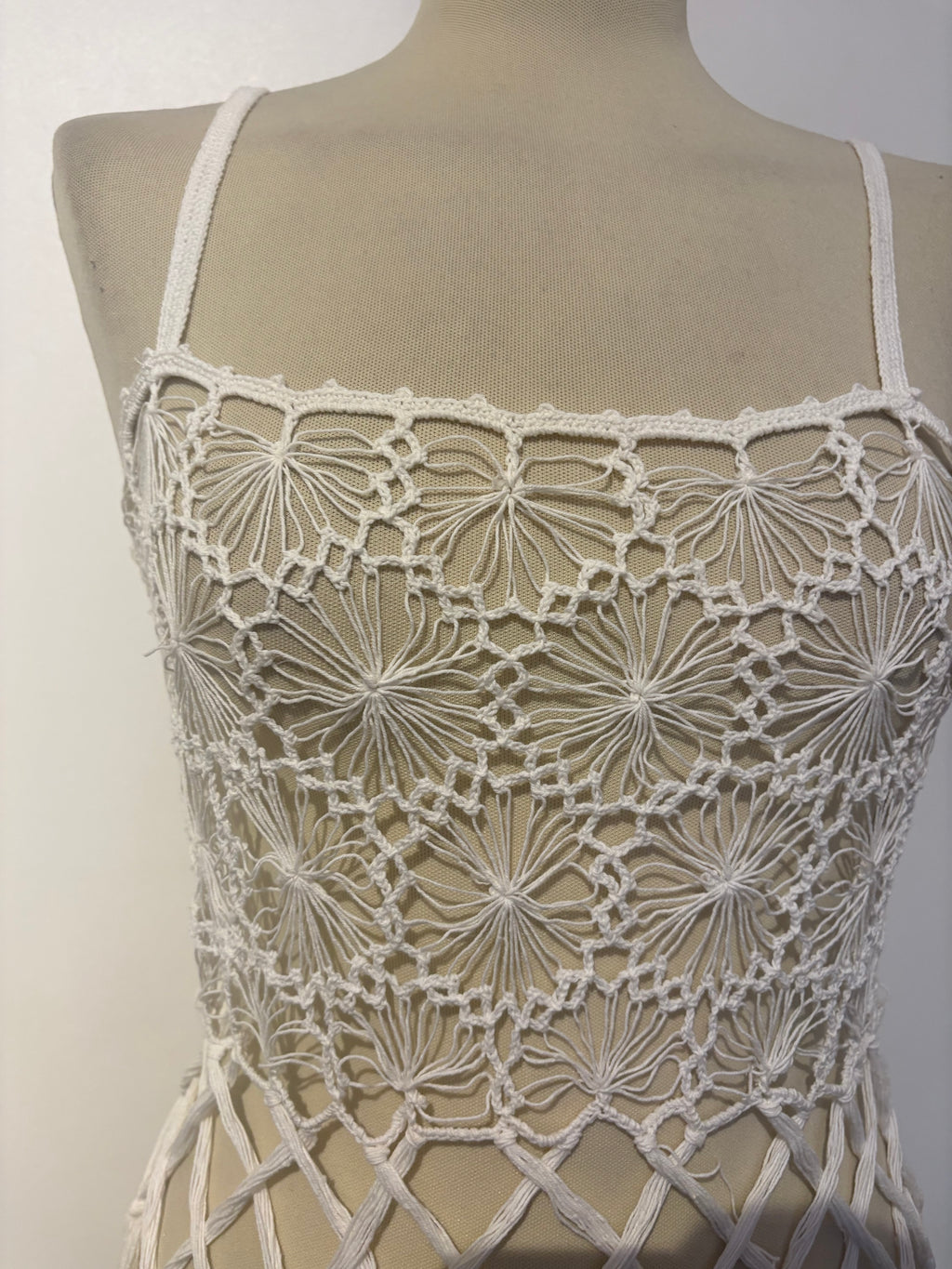 White crochet long-tassel beach dress