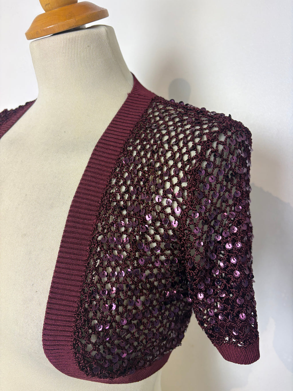 Handmade burgundy crochet sequined bolero