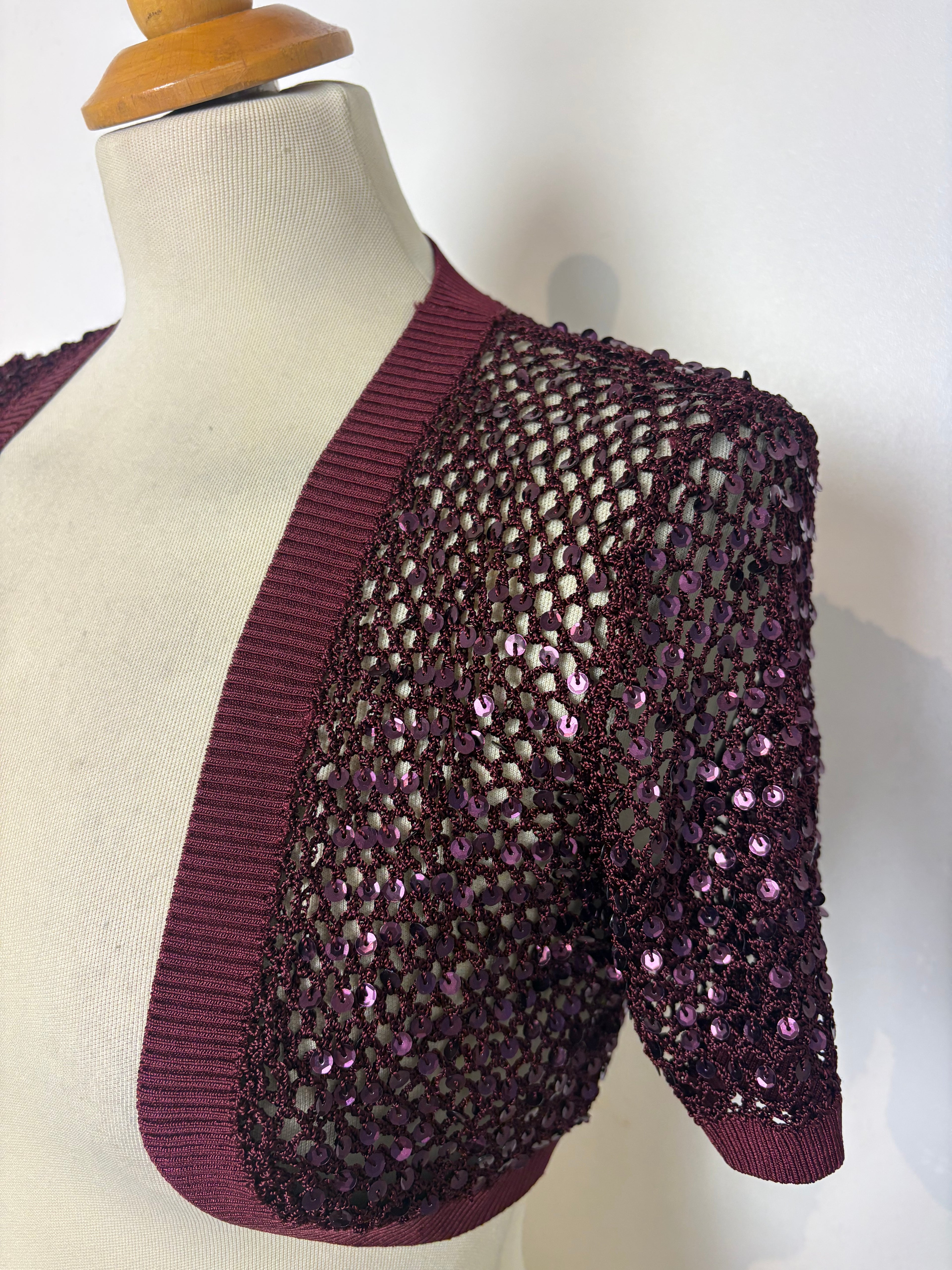 Handmade burgundy crochet sequined bolero